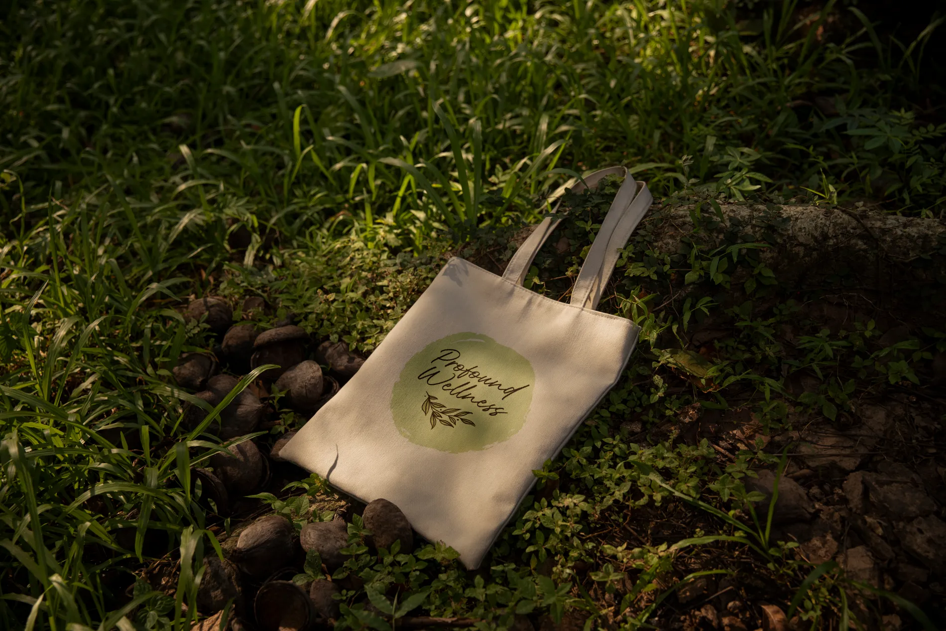 Wellness Brand Tote Bag Design Profound Wellness branded tote bag with the leaf logo in a natural outdoor setting, branding by Dream Wild Studio