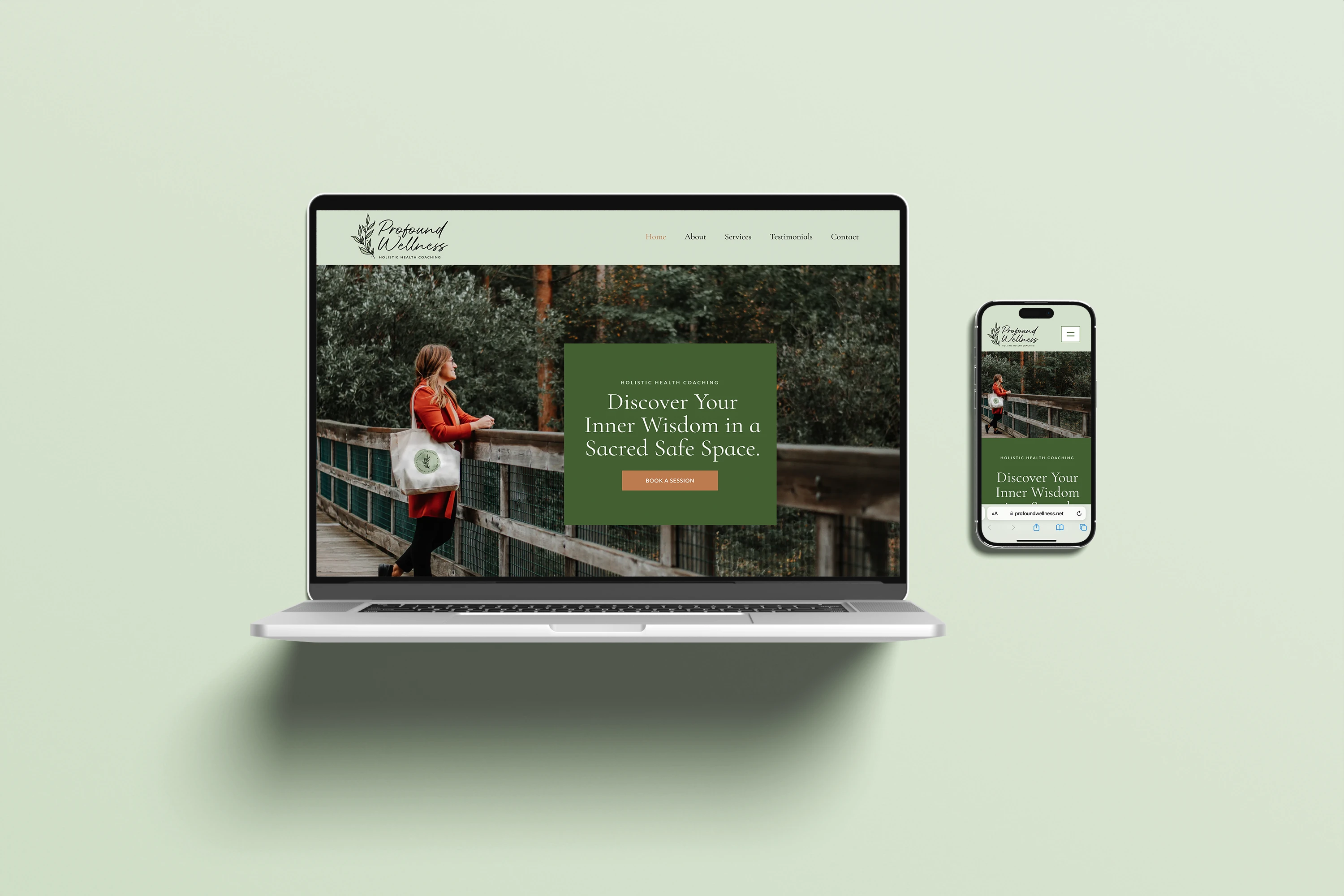 Responsive Wellness Website on Desktop and Mobile Profound Wellness website shown on a laptop and phone for a holistic health company, responsive website design by Dream Wild Studio<br />