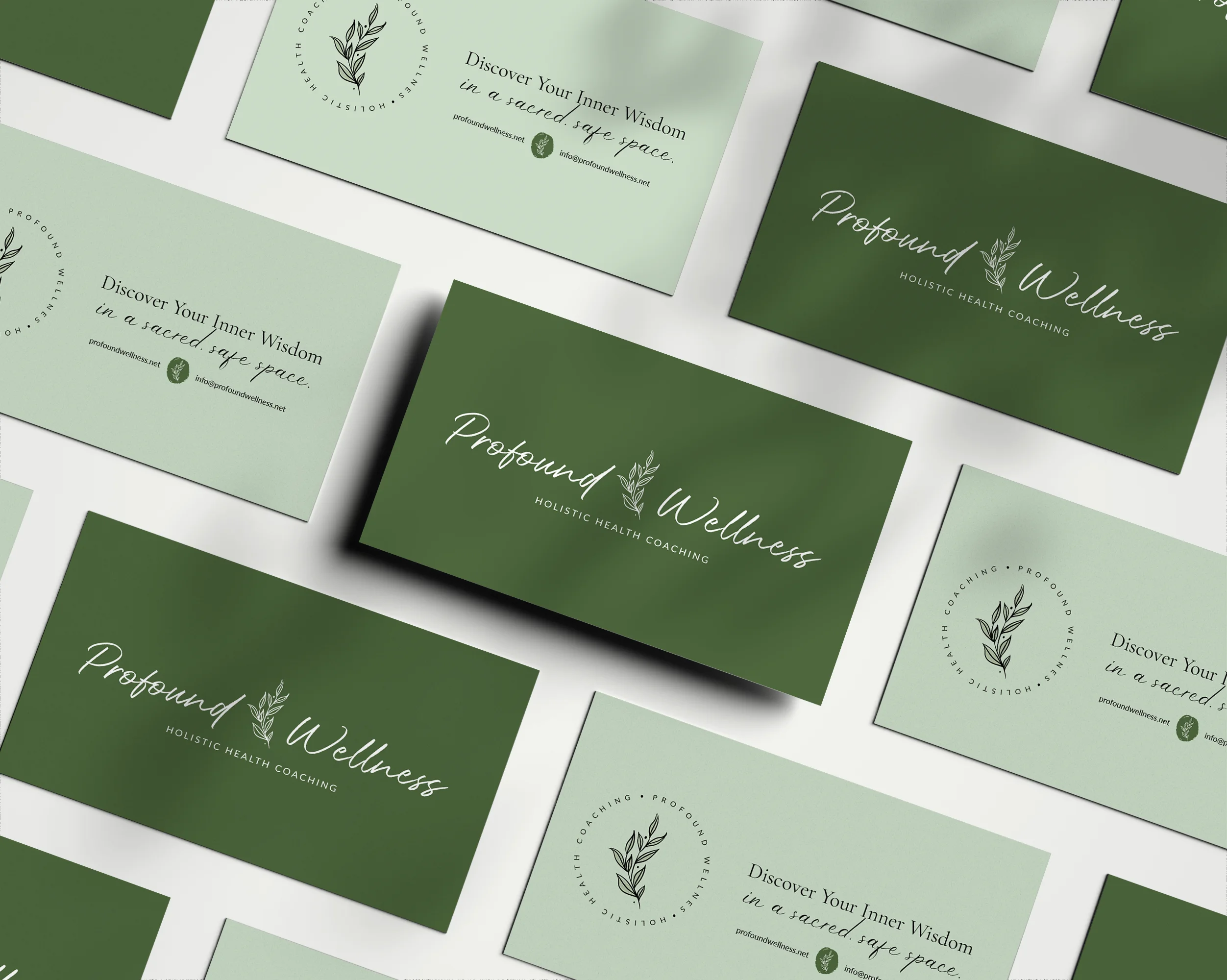Wellness Brand Business Card Design Profound Wellness business cards in green and cream featuring the leaf logo for a holistic health company, branding by Dream Wild Studio