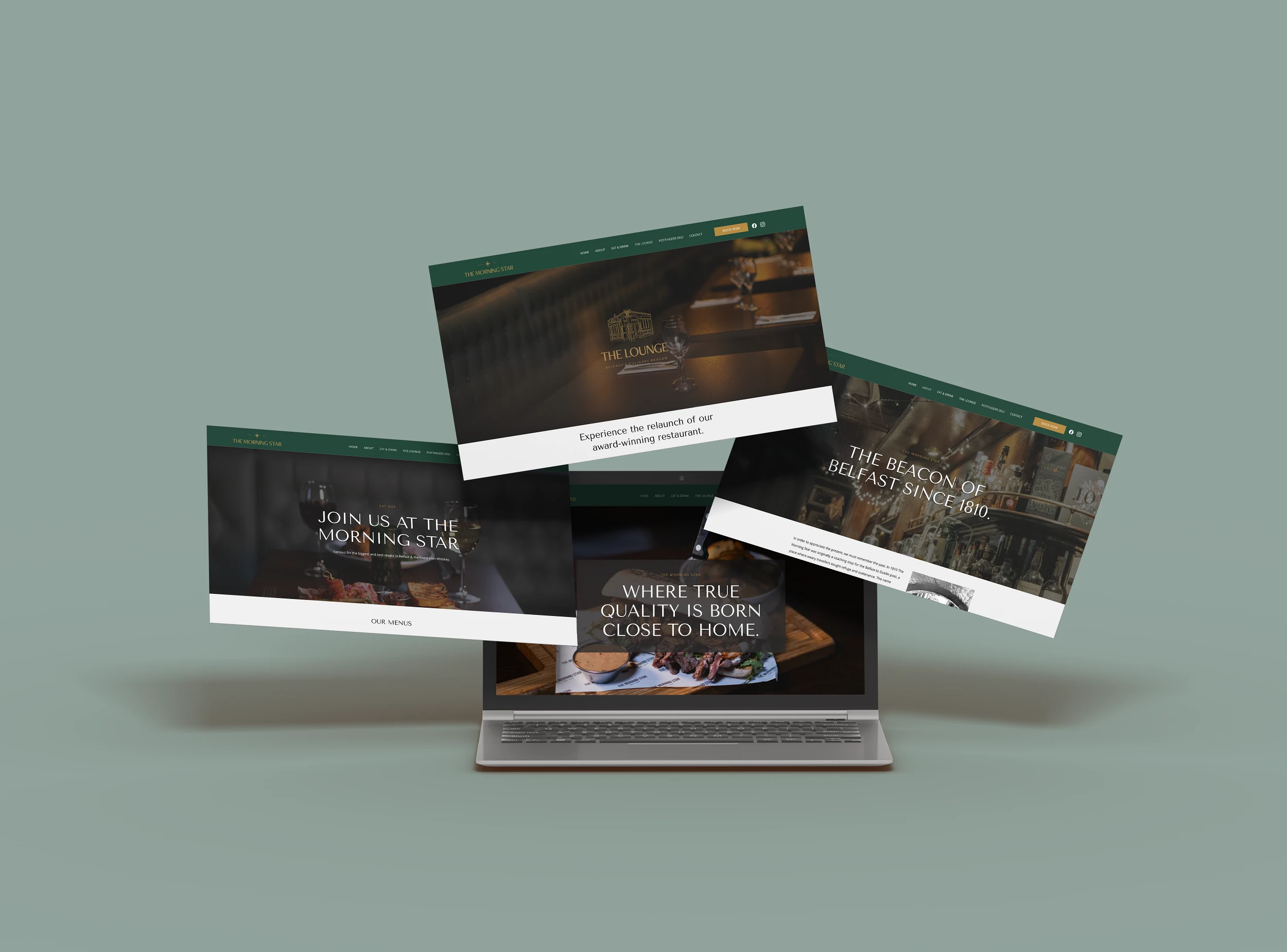Multiple screen mockups displaying restaurant bar website design across different angles, designed by Dream Wild Studio