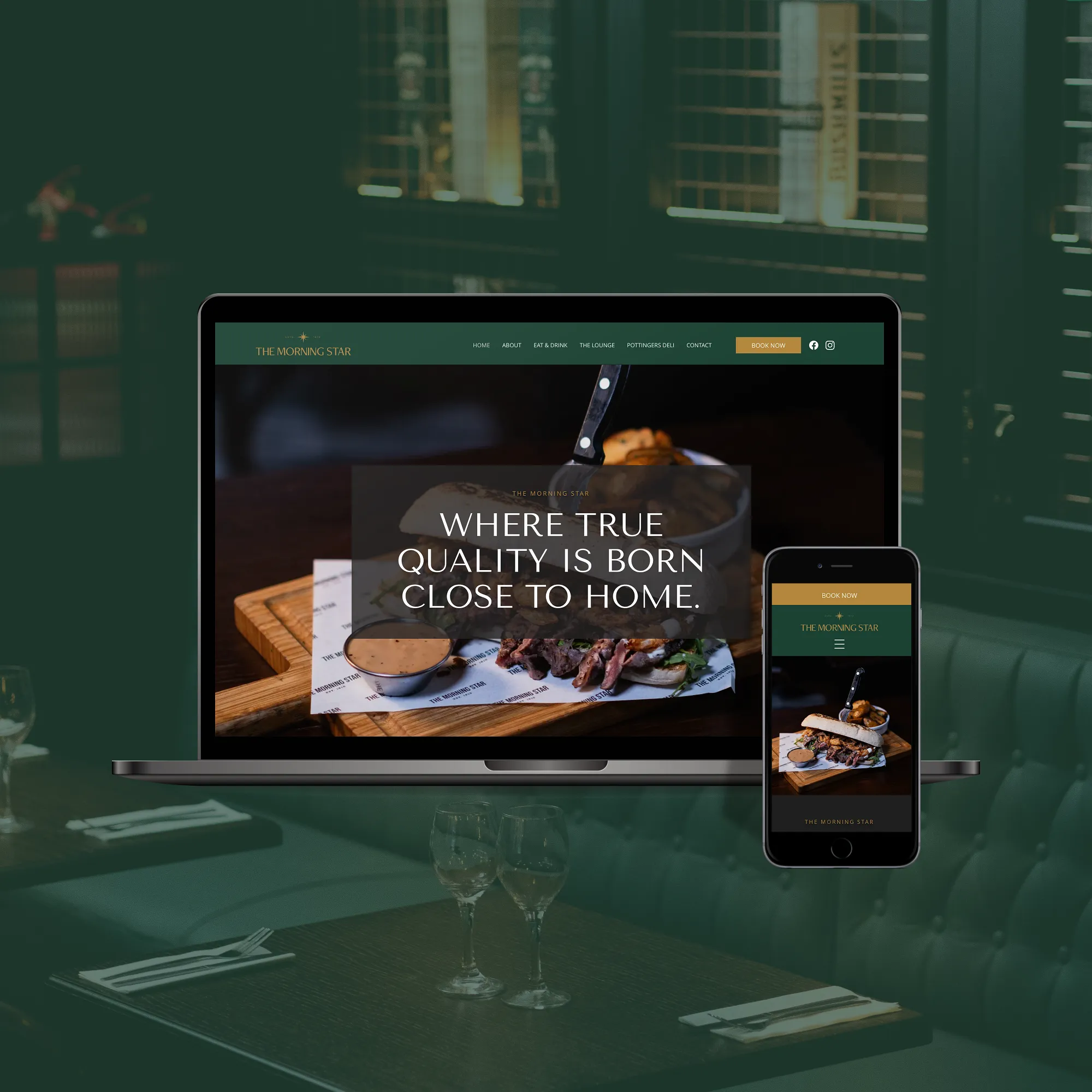 The laptop and the phone display an elegant dark-themed layout with rich imagery of a pub and restaurant. Designed by Dream Wild Studio.