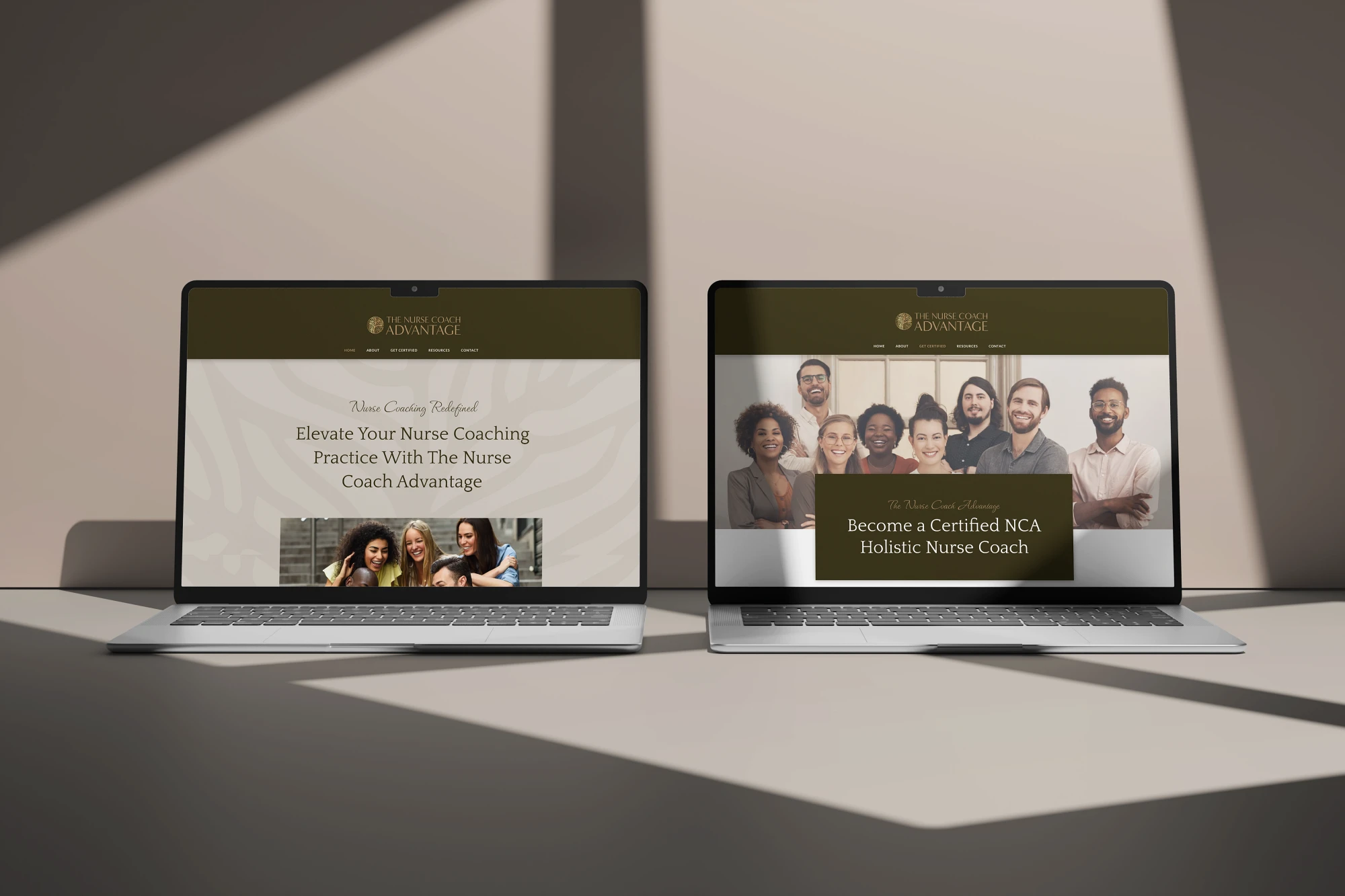 Responsive nurse coaching website displayed across two laptop screens. Website design by Dream Wild Studio.