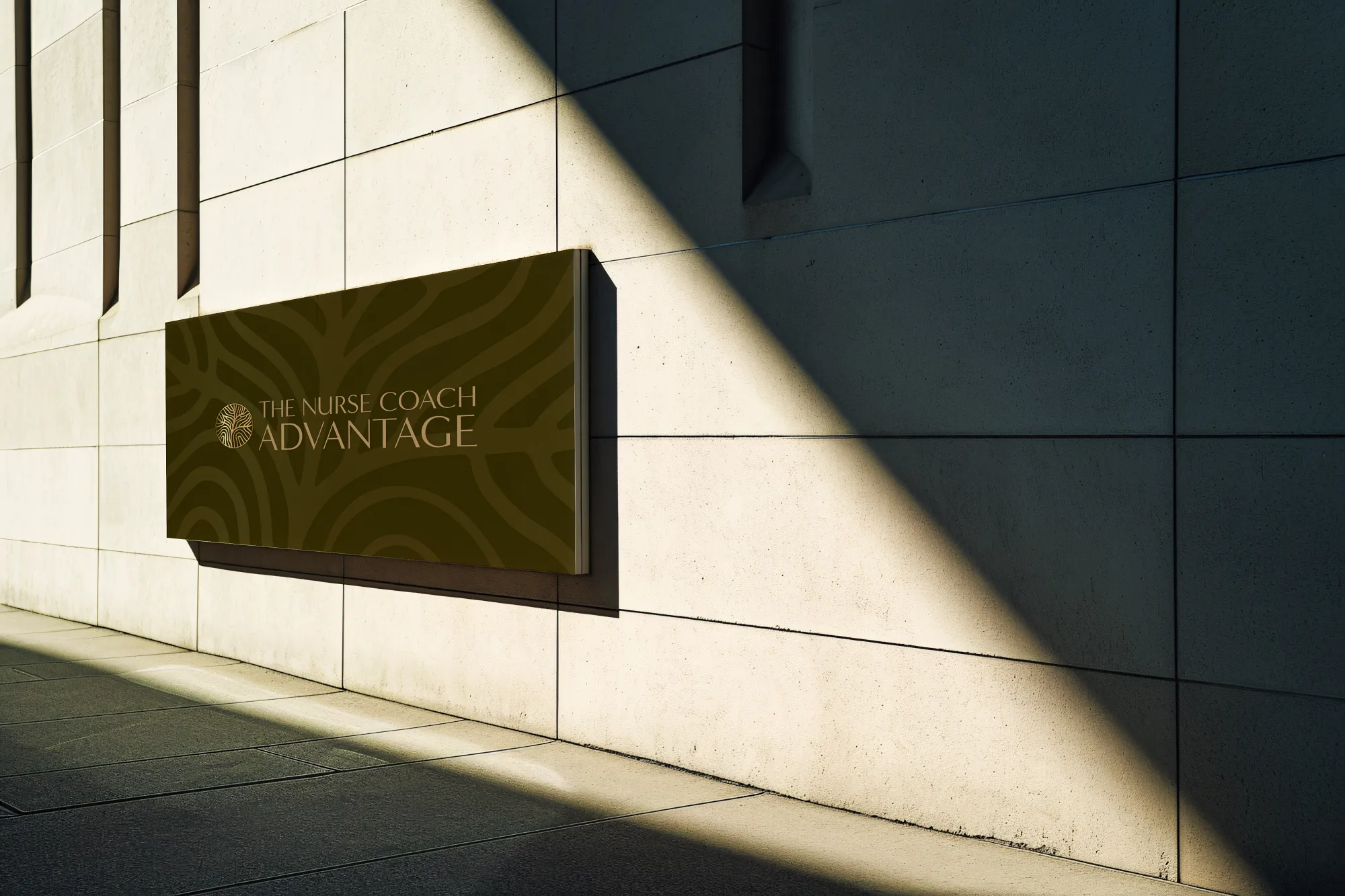 Nurse coaching logo displayed on an exterior building sign as part of a professional brand identity. Designed by Dream Wild Studio.