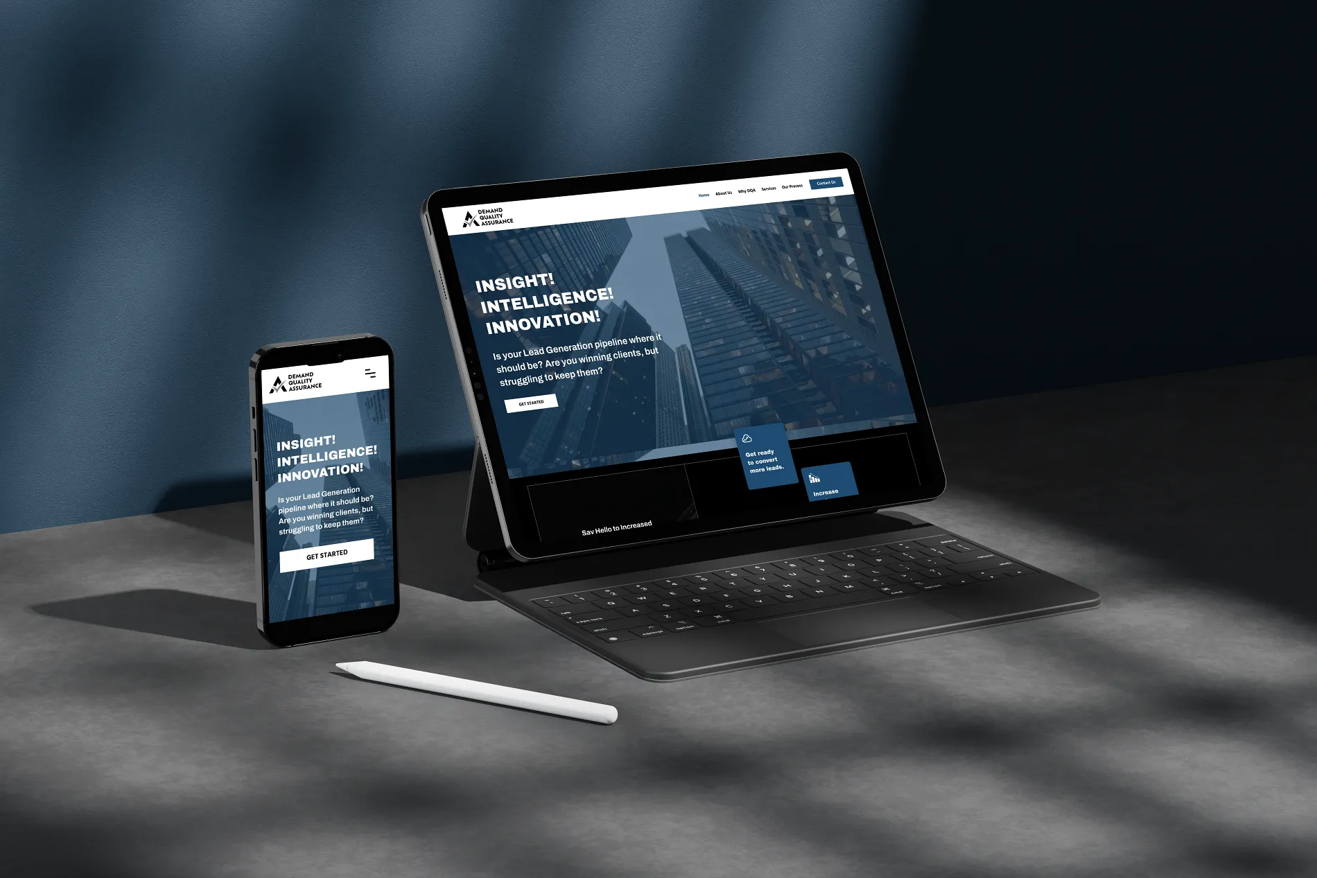 Lead Generation Brand Website Design on Tablet and Phone Tablet and phone displaying the website design for a lead generation brand, designed by Dream Wild Studio