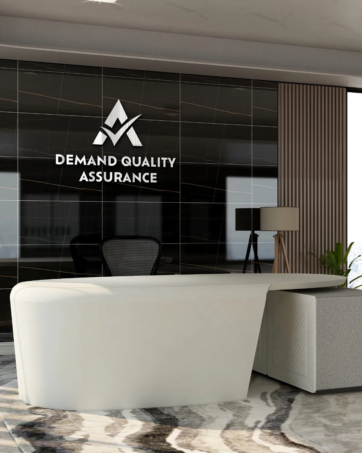 Demand Quality Assurance Brand Logo on Office Interior Wall Demand Quality Assurance logo displayed on a modern office interior wall for a lead generation brand, designed by Dream Wild Studio