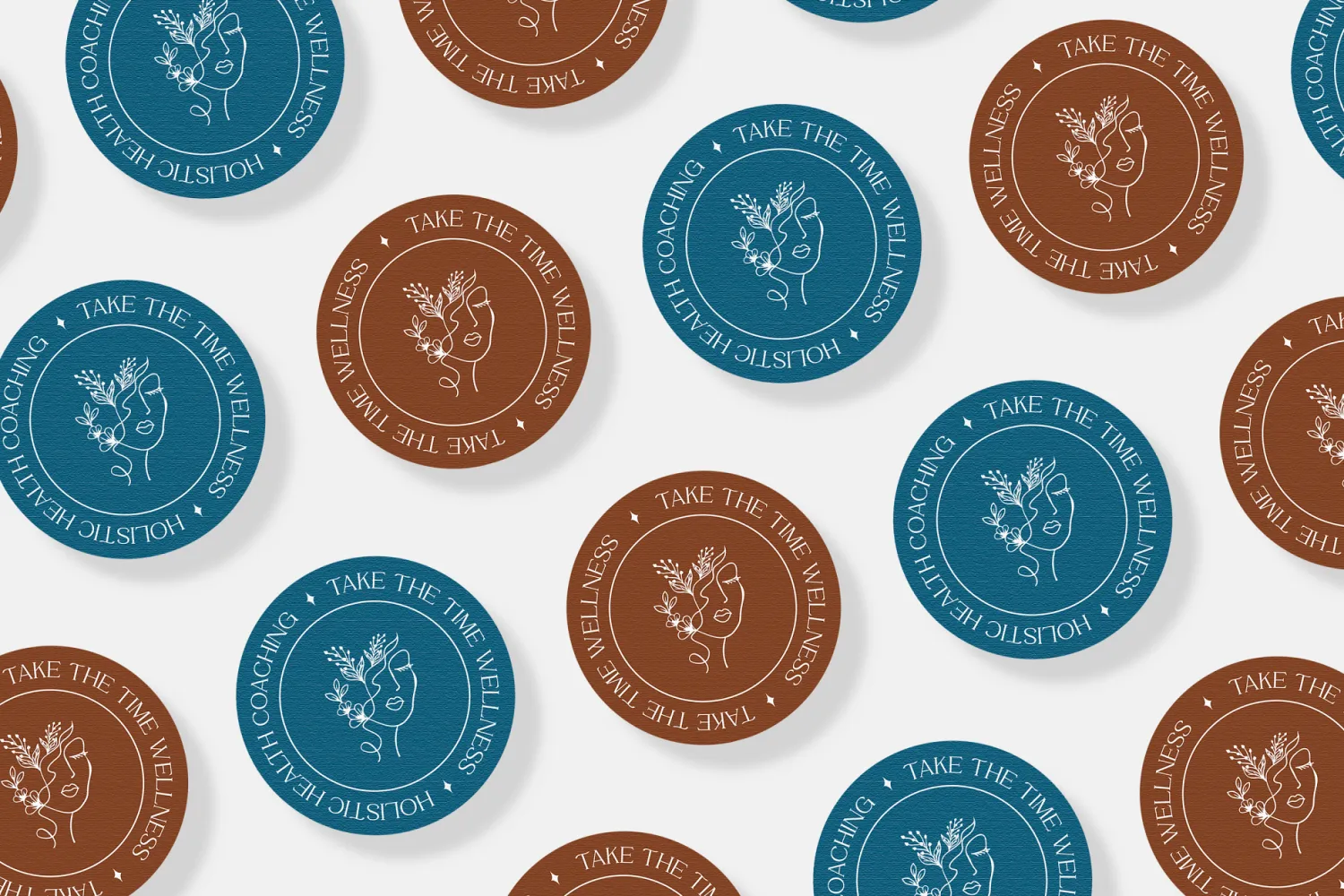 Repeating Take the Time Wellness submark pattern in teal and terracotta for a holistic coaching company, branding by Dream Wild Studio