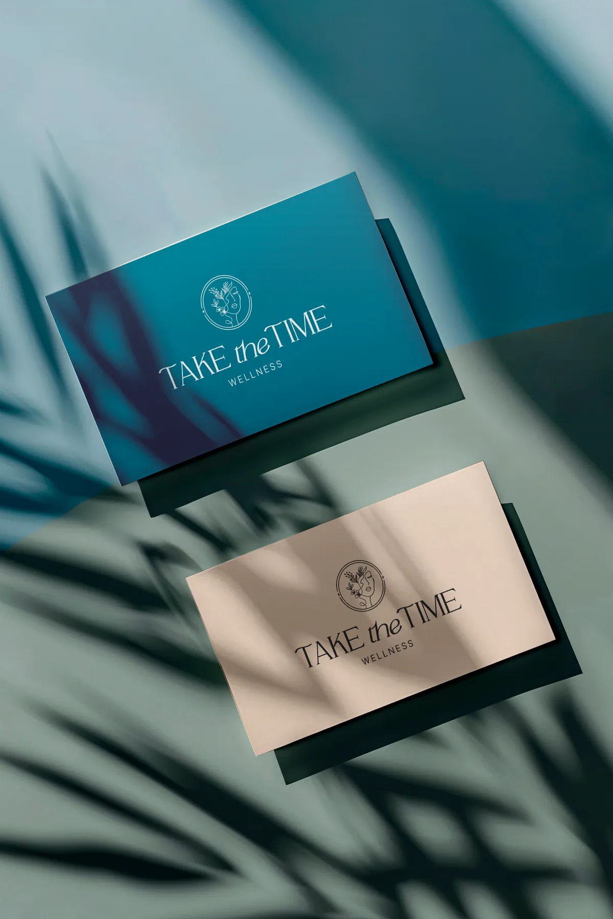 Take the Time Wellness business card in teal for a holistic coaching company, branding by Dream Wild Studio