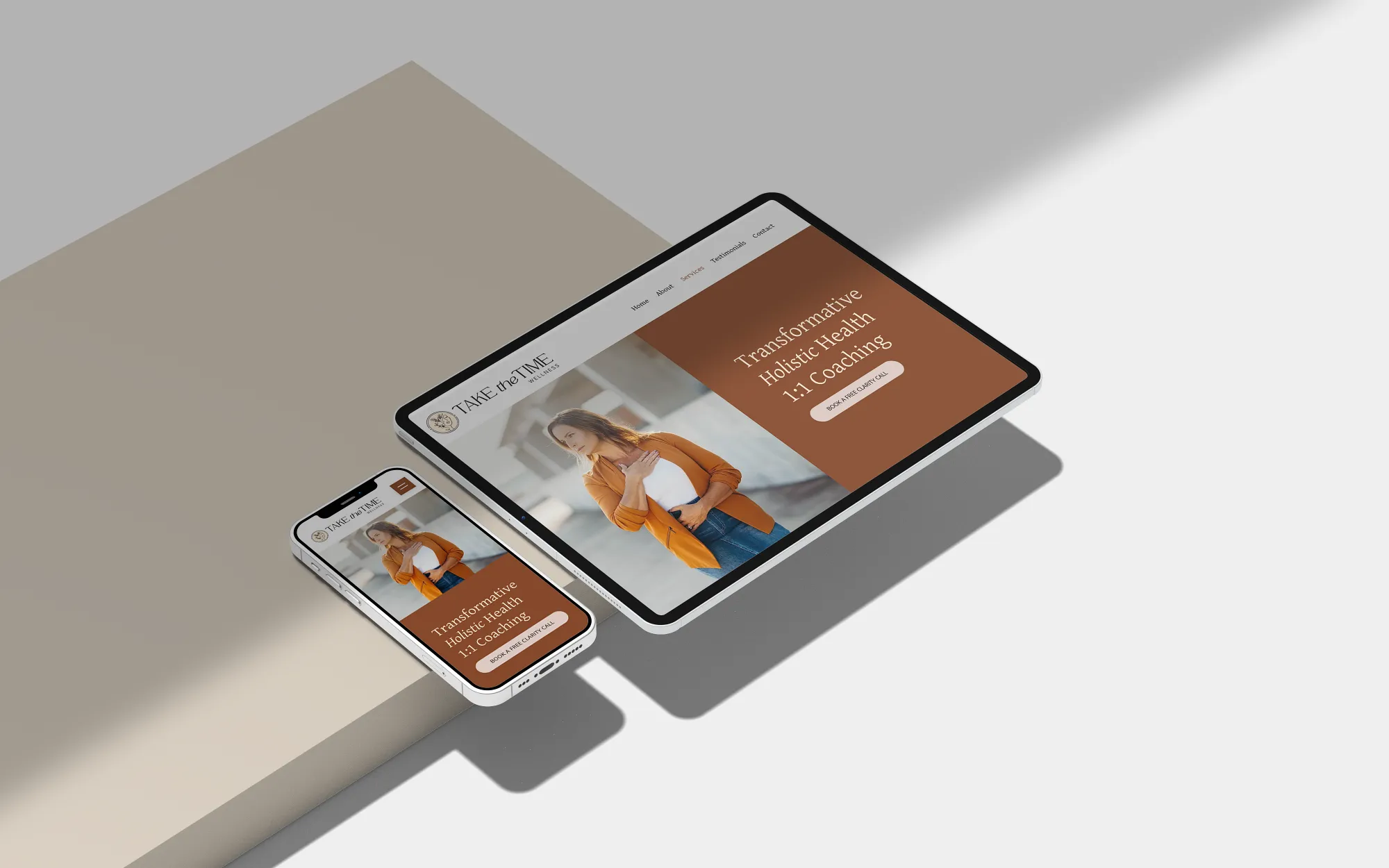 Take the Time Wellness website displayed on a MacBook and phone for a holistic coaching company, responsive website design by Dream Wild Studio