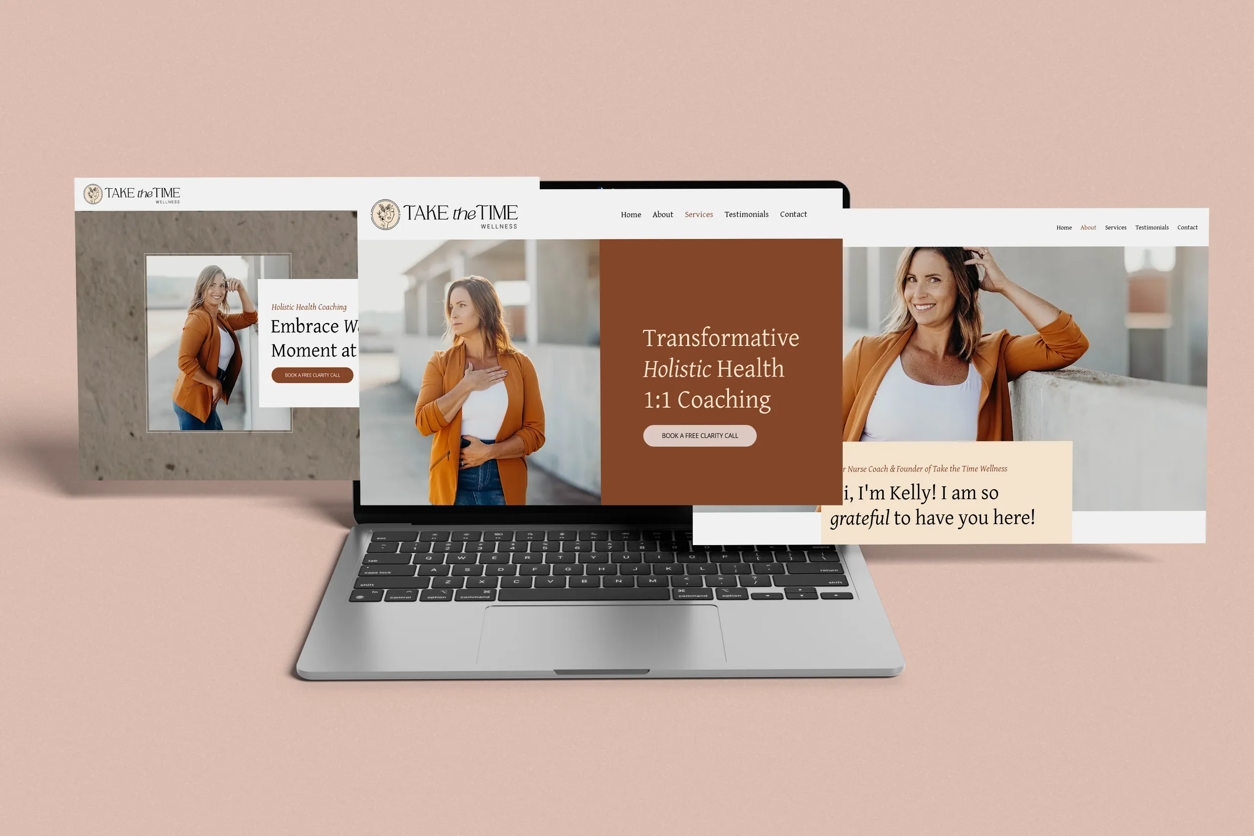 Take the Time Wellness website on a laptop with transformative holistic health coaching messaging, website design by Dream Wild Studio