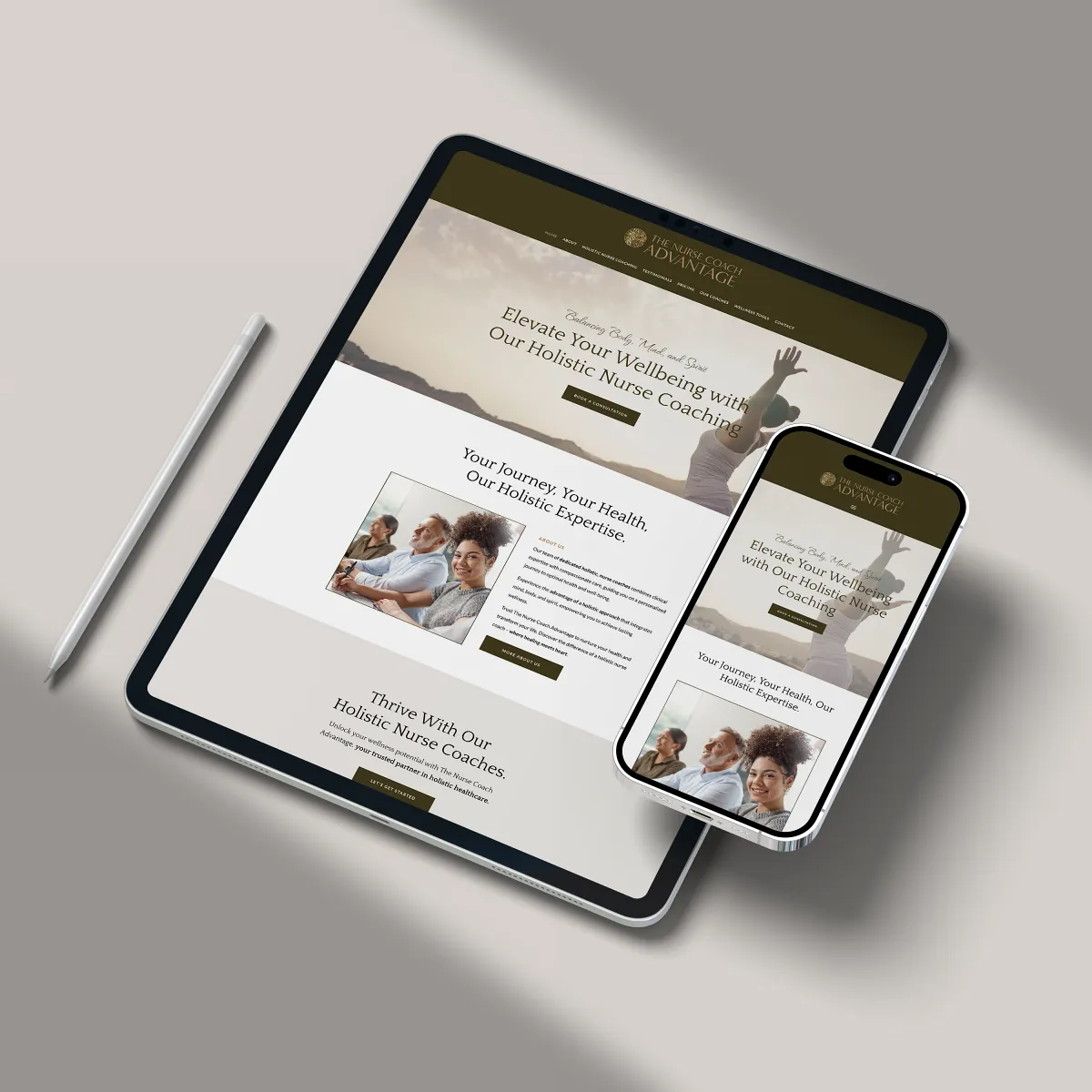 iPad and phone display the website for a holistic wellness company and nurse coach. Designed and developed by Dream Wild Studio.