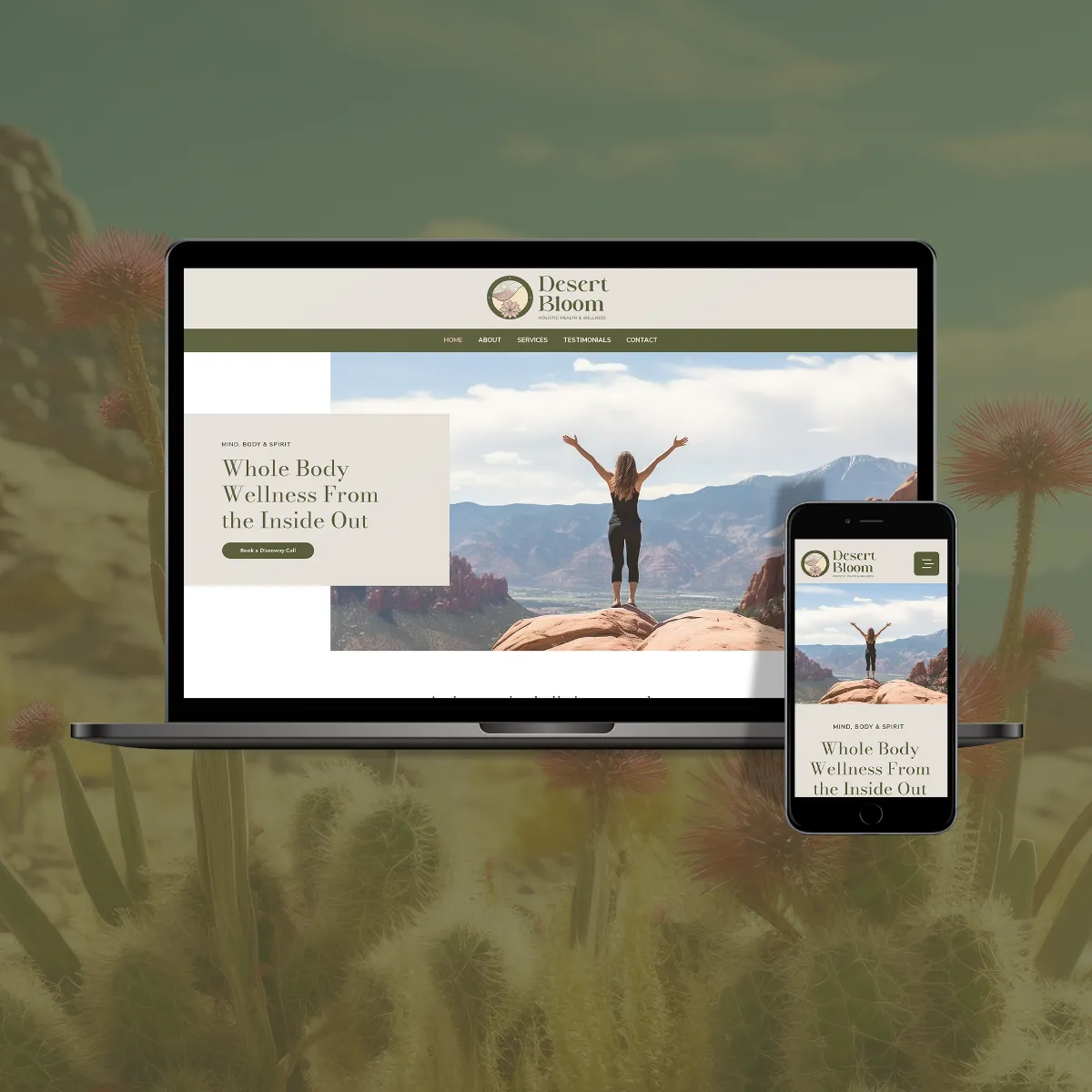 Desert Bloom Responsive Website Design Desert Bloom website displayed on a MacBook and phone for a holistic wellness company, responsive website design by Dream Wild Studio