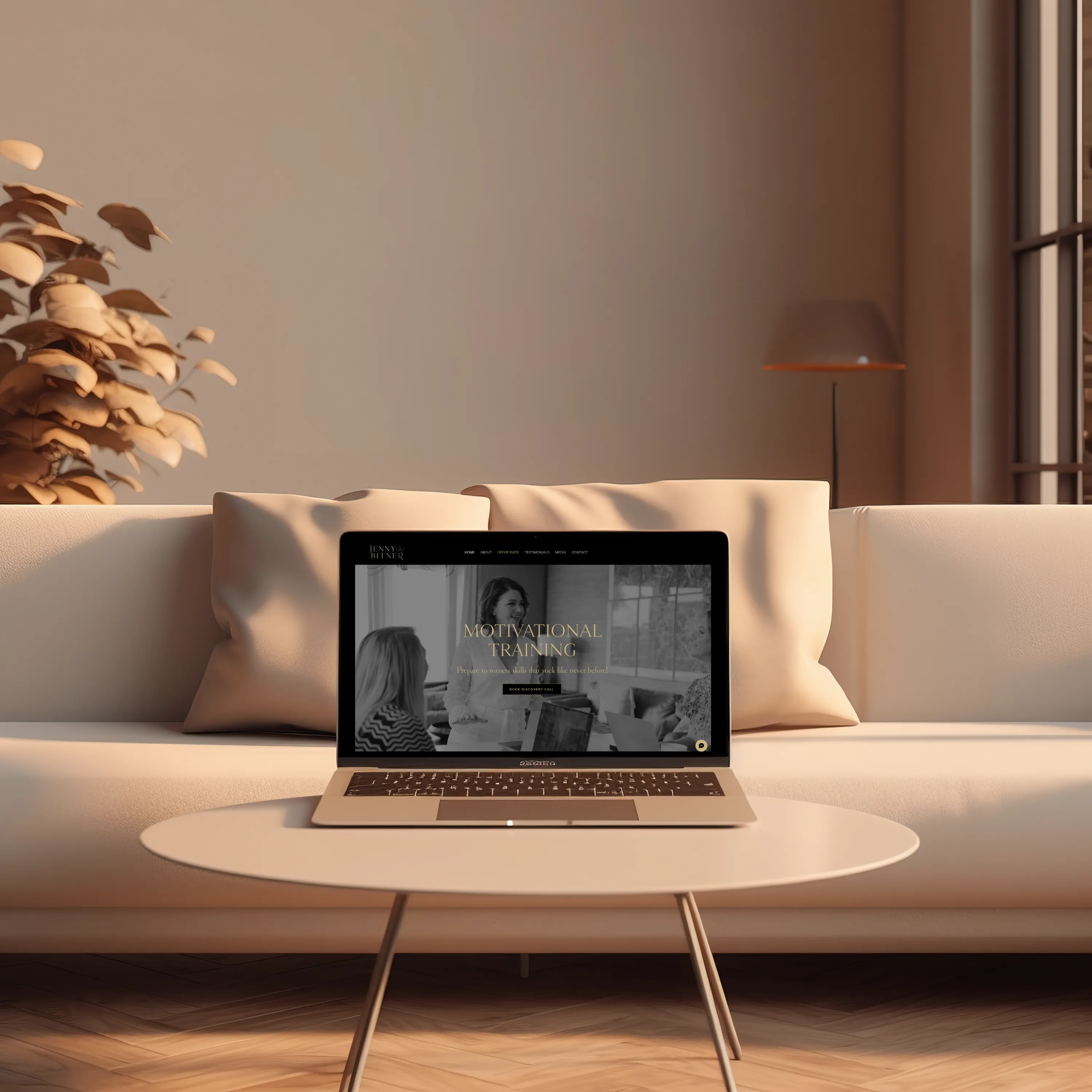 Jenny Bitner website displayed on a laptop in a warm neutral living room, coaching website design by Dream Wild Studio