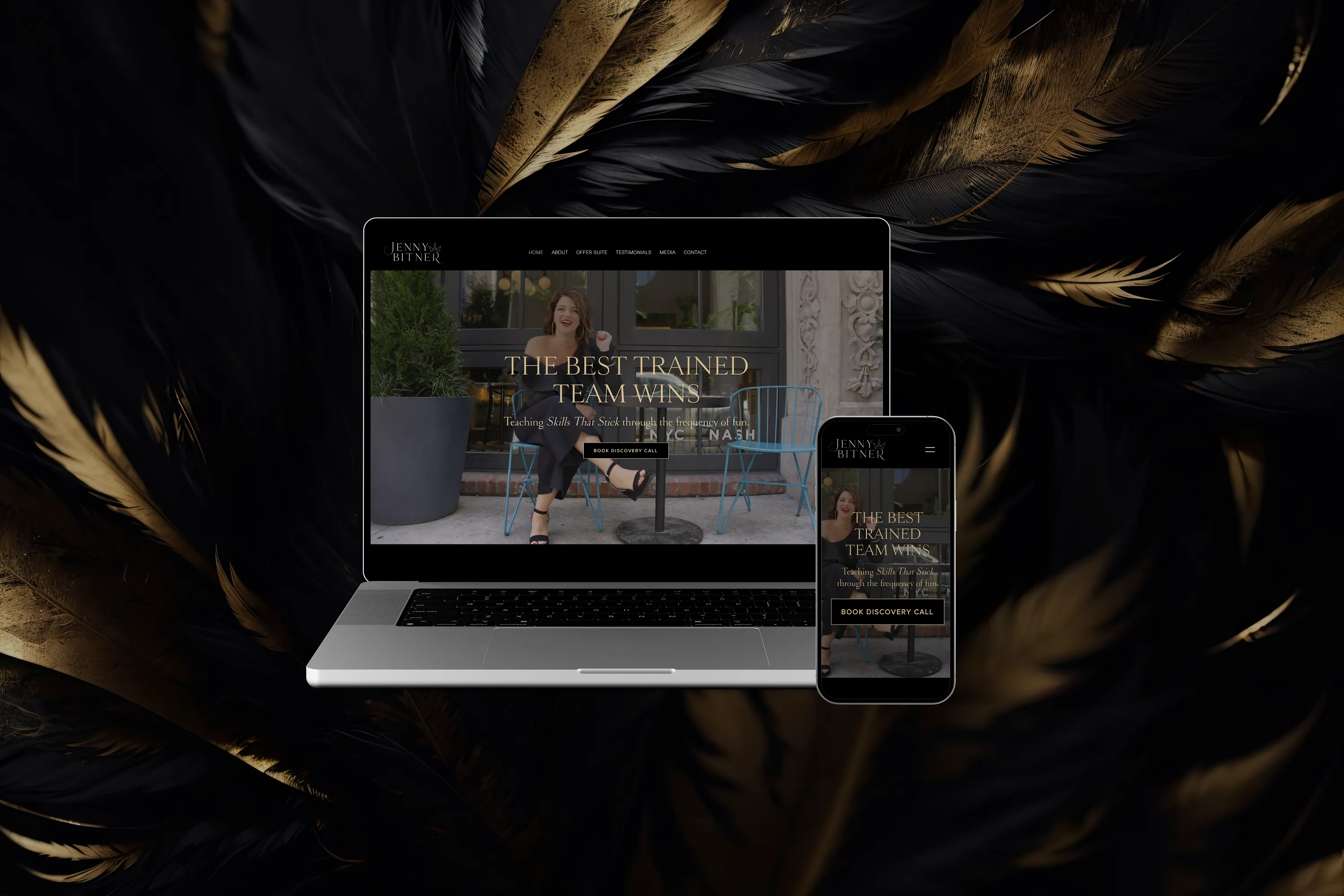 Jenny Bitner website on a laptop and phone with an elegant black and gold theme for a female entrepreneur and coach, website design by Dream Wild Studio