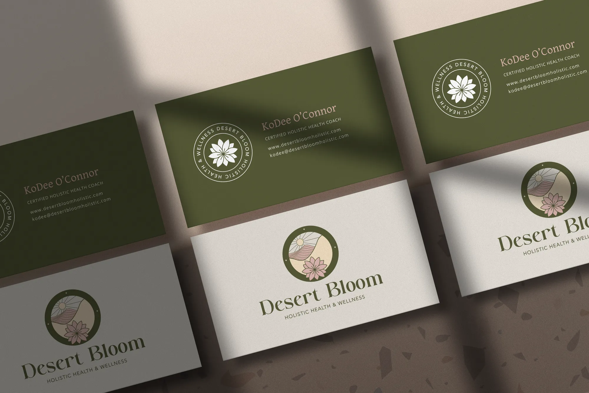 Desert Bloom Brand Stationery Design Desert Bloom logo printed on olive green stationery for a holistic wellness company, branding by Dream Wild Studio
