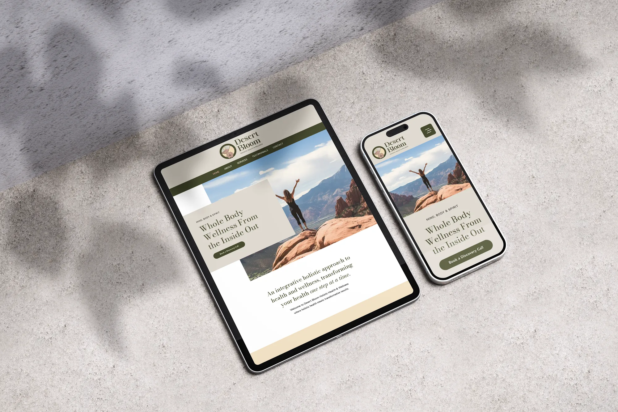 Desert Bloom Website on iPad and Phone iPad and phone displays the website for a holistic wellness company designed and developed by Dream Wild Studio.