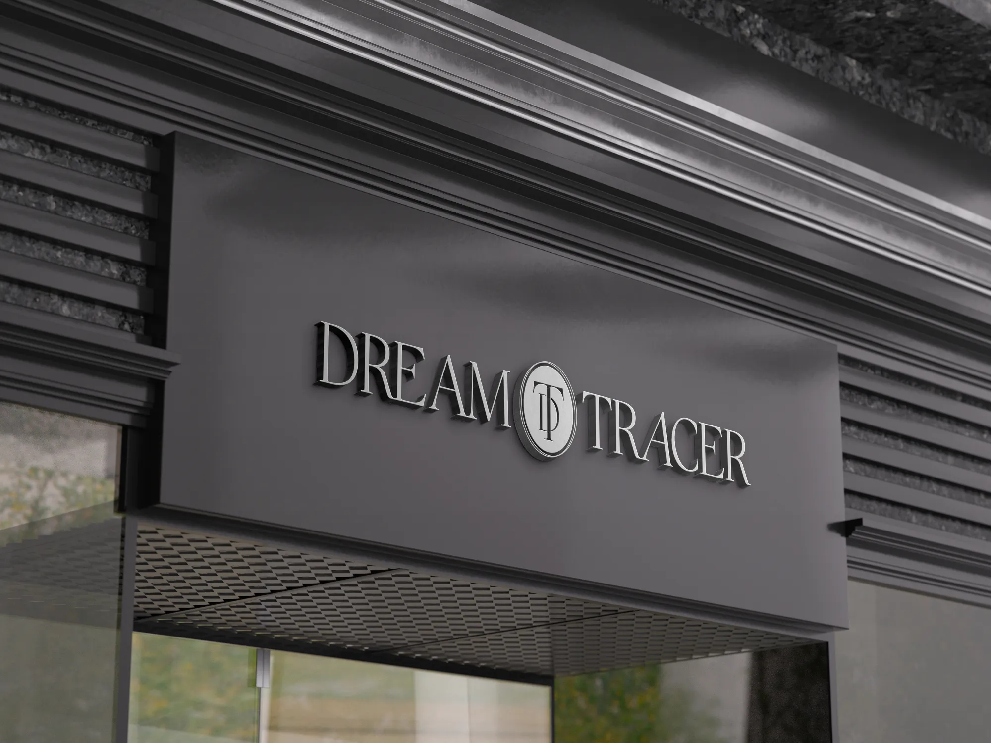 Dream Tracer logo displayed on a storefront sign mockup for a financial strategist brand, designed by Dream Wild Studio