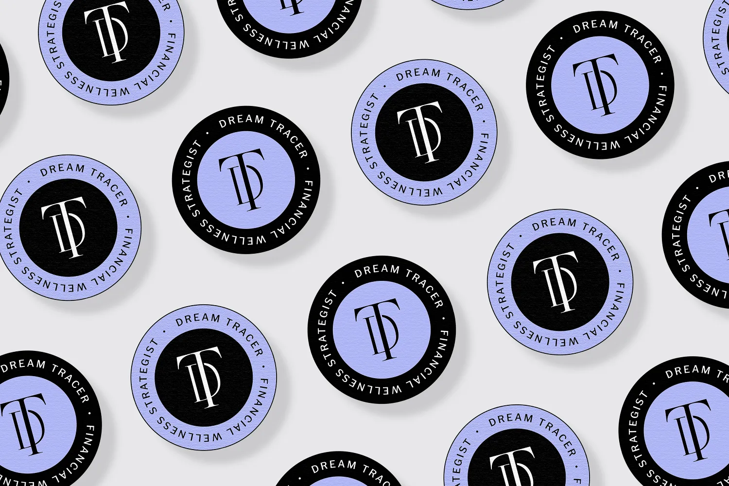Submark logo design for Dream Tracer repeated across circular stickers in purple and white. Designed by Dream Wild Studio.
