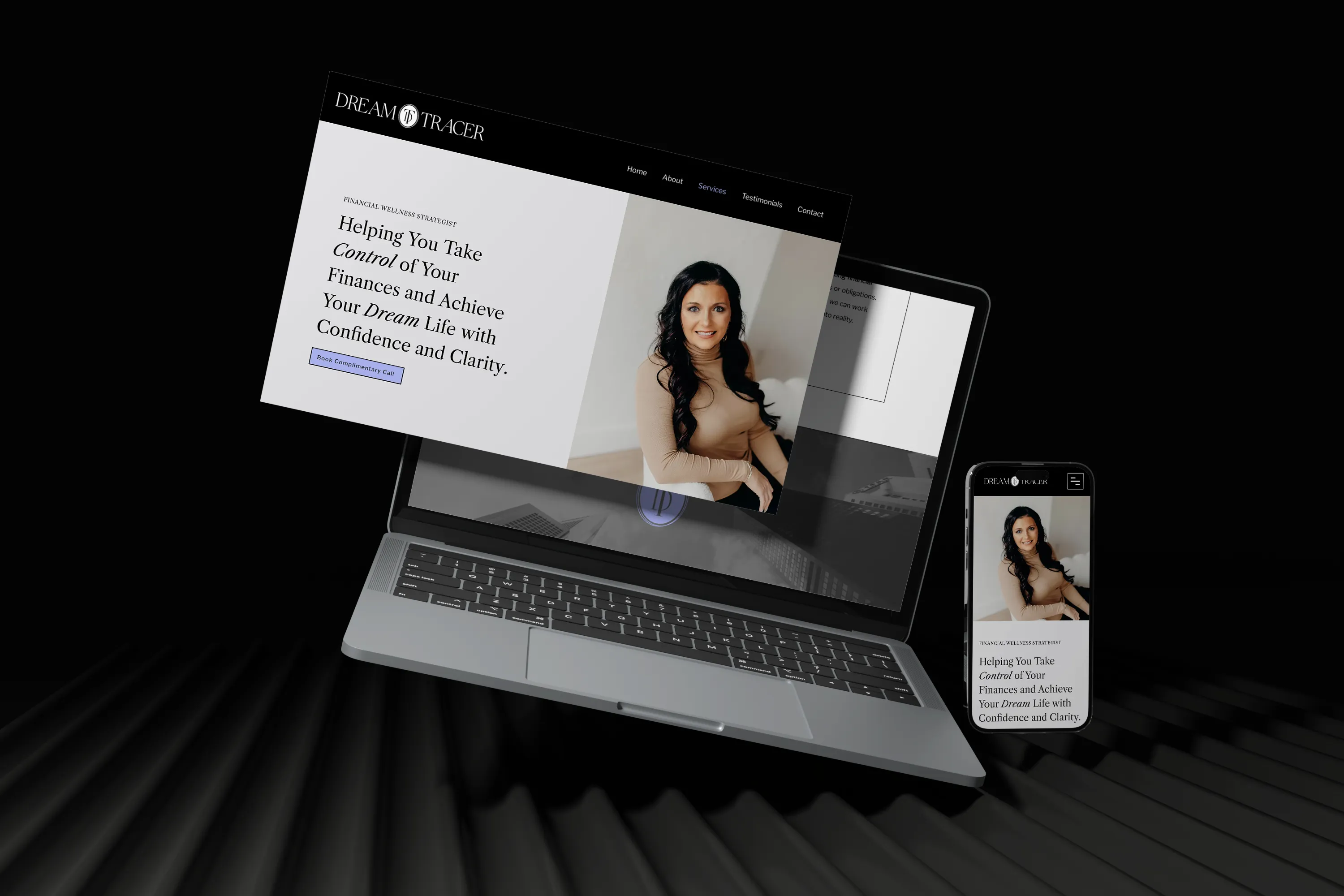 Laptop and phone display the website for a financial strategist. Website design by Dream Wild Studio.