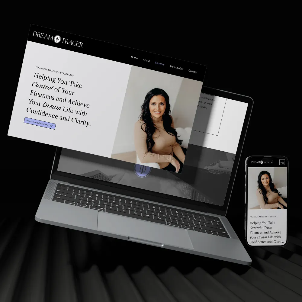 Laptop and phone display the website for a financial strategist. Website design by Dream Wild Studio. Laptop and phone display the website for a financial strategist. Website design by Dream Wild Studio.