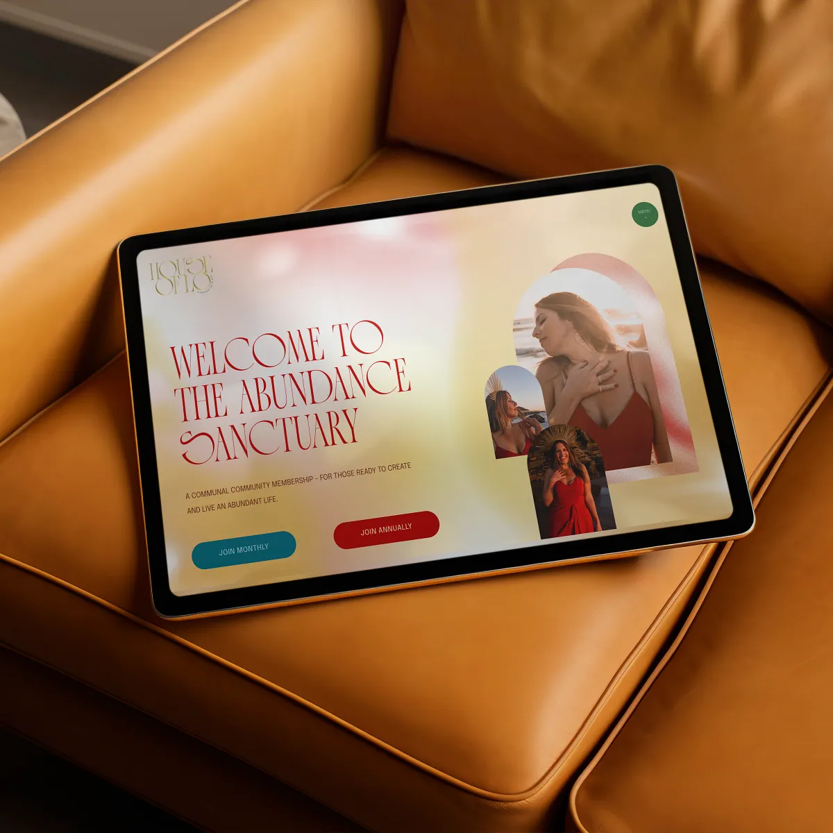 Tablet displaying modern Squarespace website on a brown leather couch. Website design by Dream Wild Studio. Tablet displaying modern Squarespace website on a brown leather couch. Website design by Dream Wild Studio.
