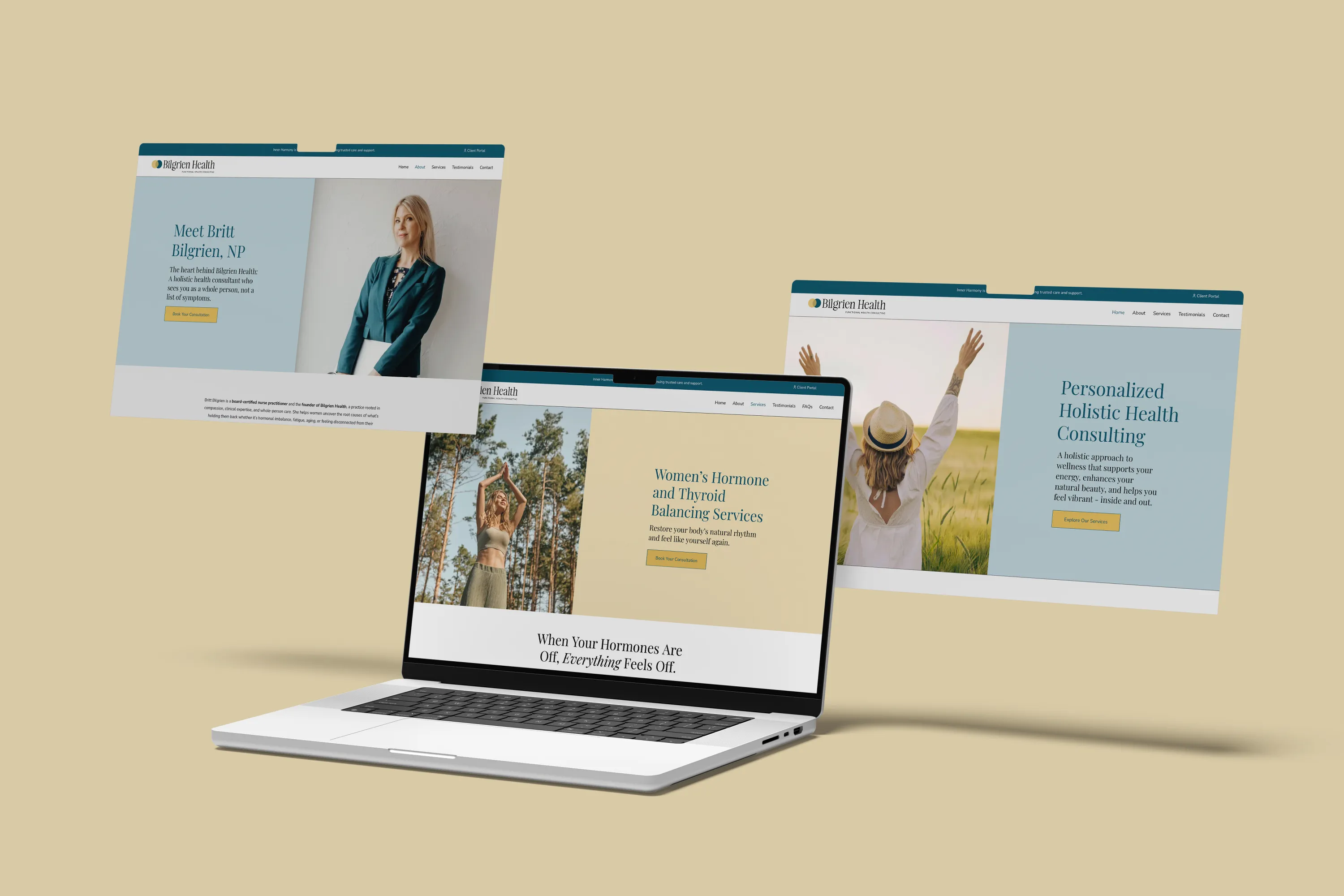 Bilgrien Health Website Mockups Laptop and multiple screen mockups showcasing the modern Bilgrien Health website for a holistic health consultant, website design by Dream Wild Studio