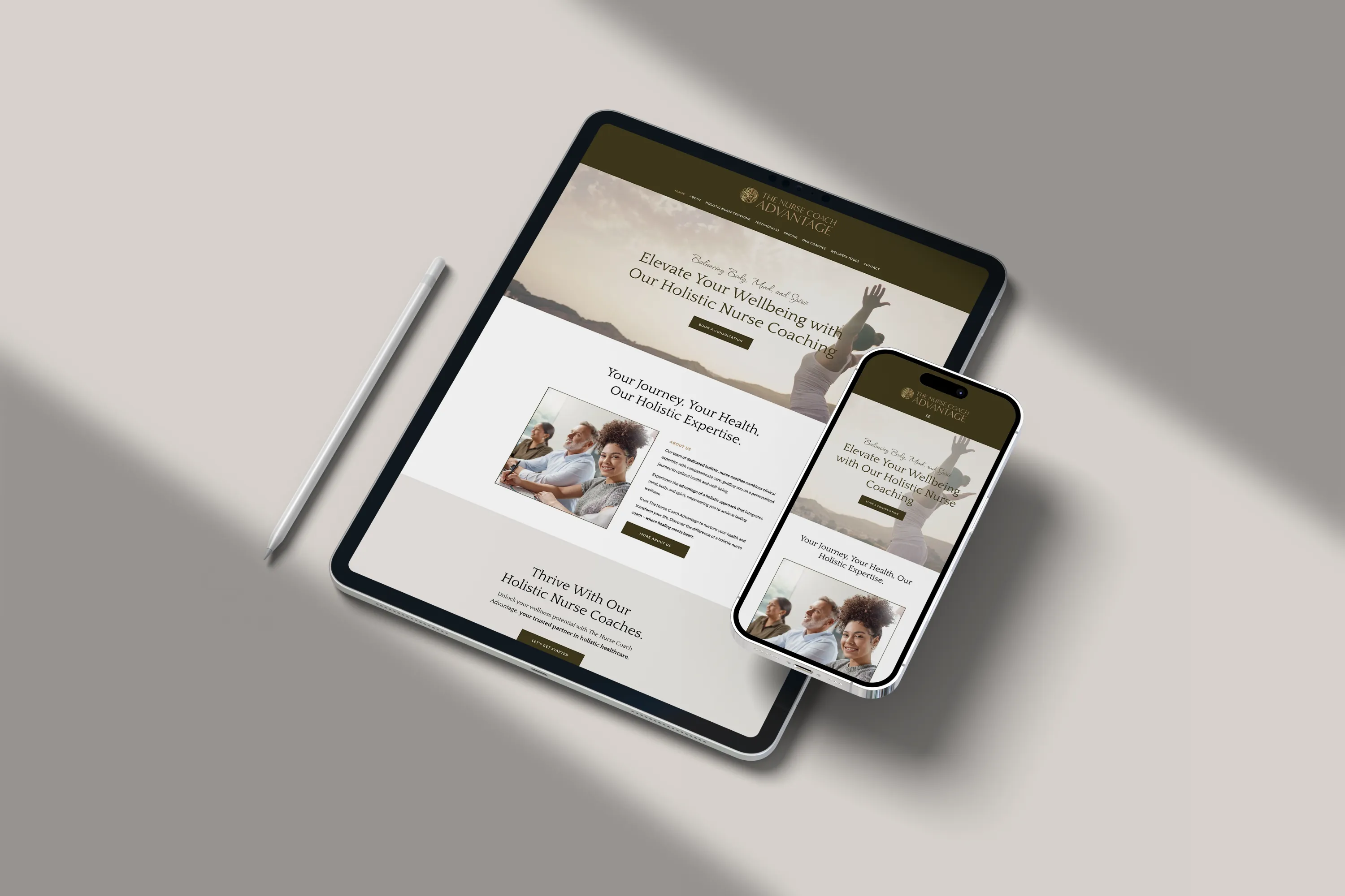 Responsive nurse coaching website displayed on tablet and mobile devices showcasing holistic wellness services. Designed by Dream Wild Studio.