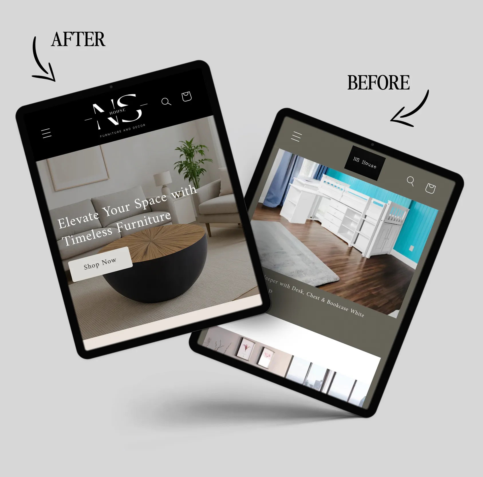 Before and after comparison of the NS House furniture website, redesigned during a Dream Wild Power Hour session for clearer layout and brand presentation.