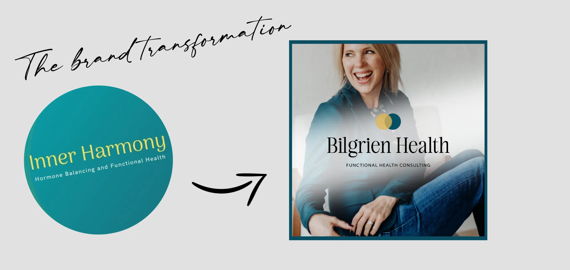 Bilgrien Health Brand Transformation Brand transformation showing the rebrand from Inner Harmony to Bilgrien Health for a holistic health consultant, branding by Dream Wild Studio