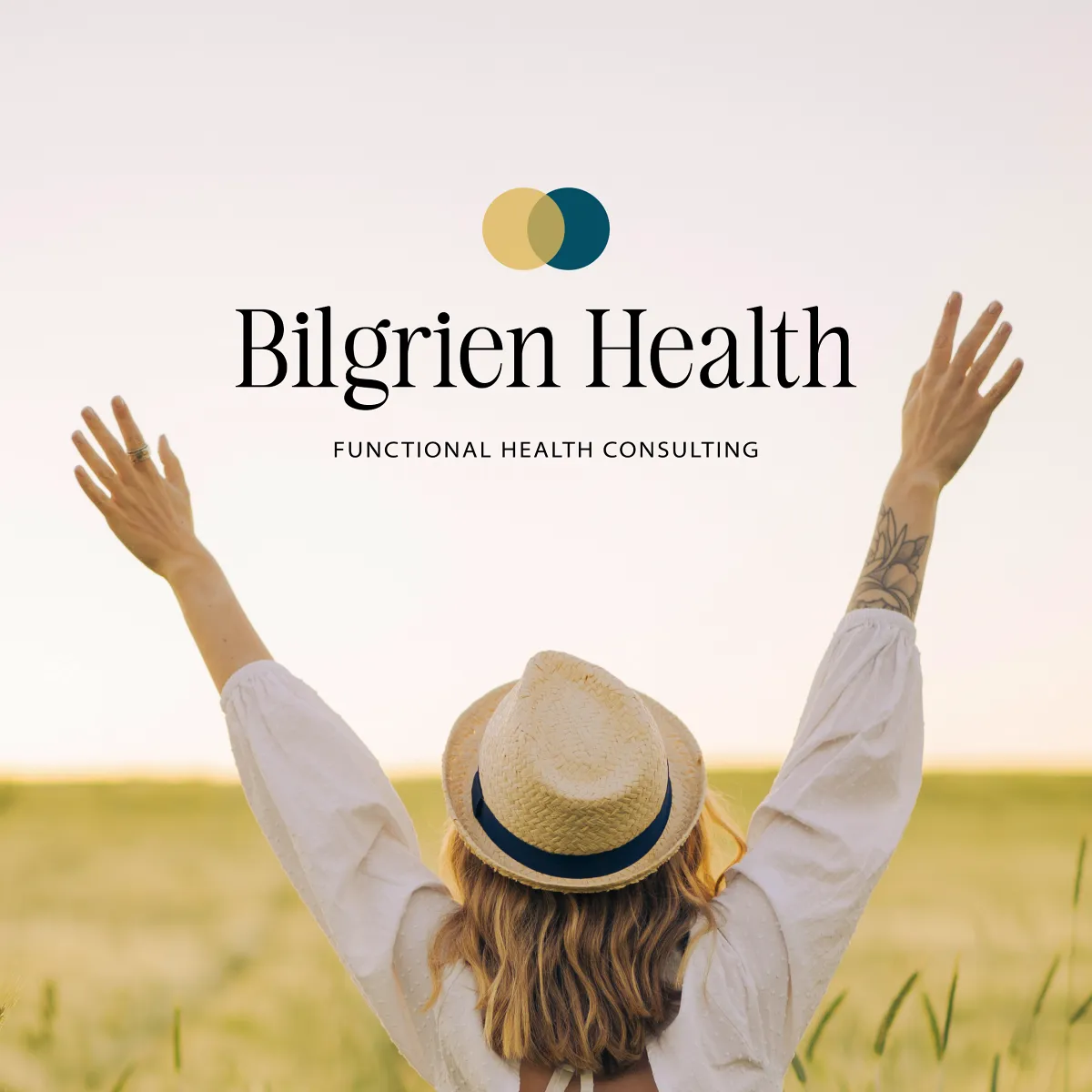 Woman in a field raising her arms, symbolizing freedom and vitality, with the Bilgrien Health logo — a holistic health consultant and wellness company specializing in functional health consulting. Branding by Dream Wild Studio. Woman in a field raising her arms, symbolizing freedom and vitality, with the Bilgrien Health logo — a holistic health consultant and wellness company specializing in functional health consulting. Branding by Dream Wild Studio.