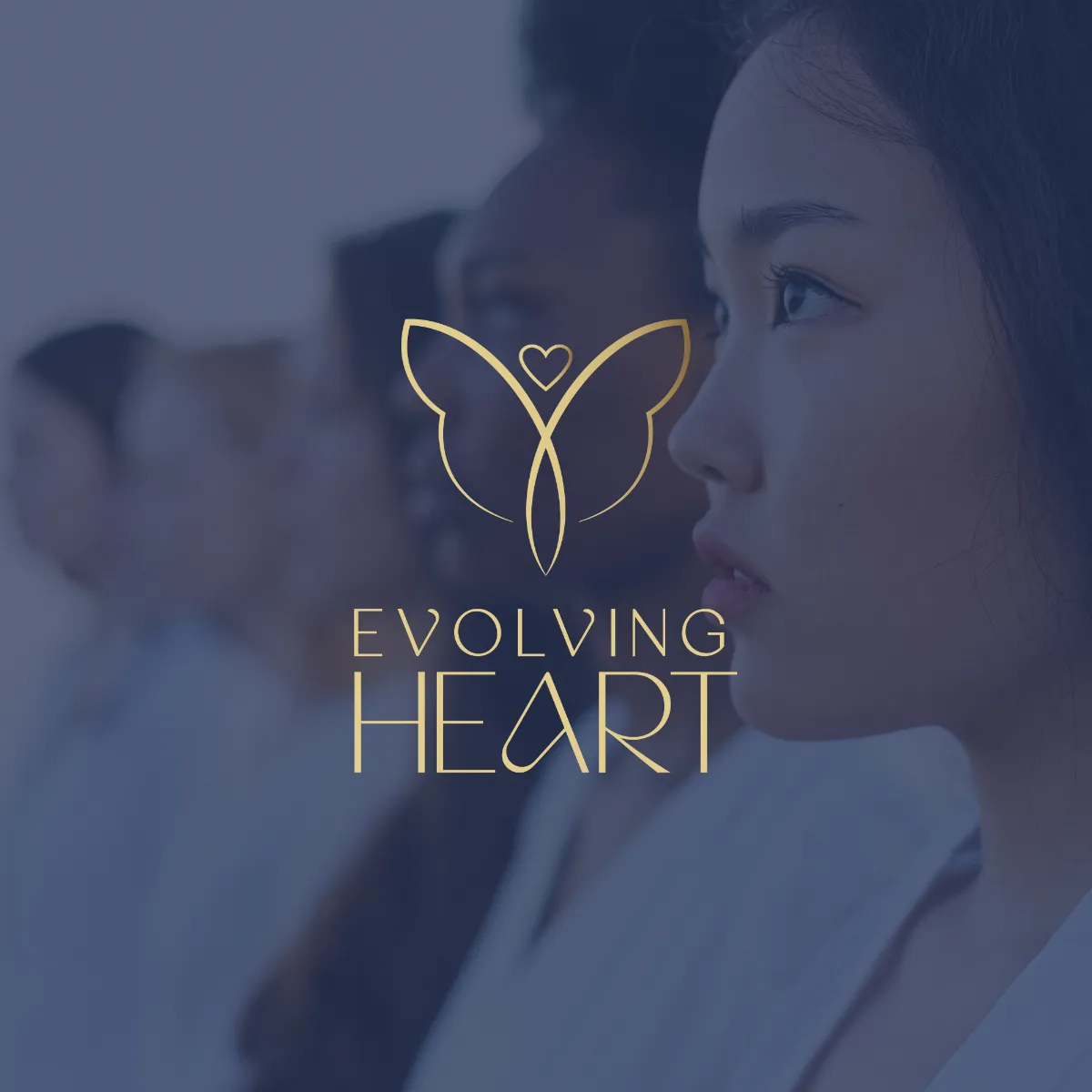 Evolving Heart Brand Identity Evolving Heart gold butterfly logo over a lifestyle image of women for a relationship wellness brand for women, branding by Dream Wild Studio