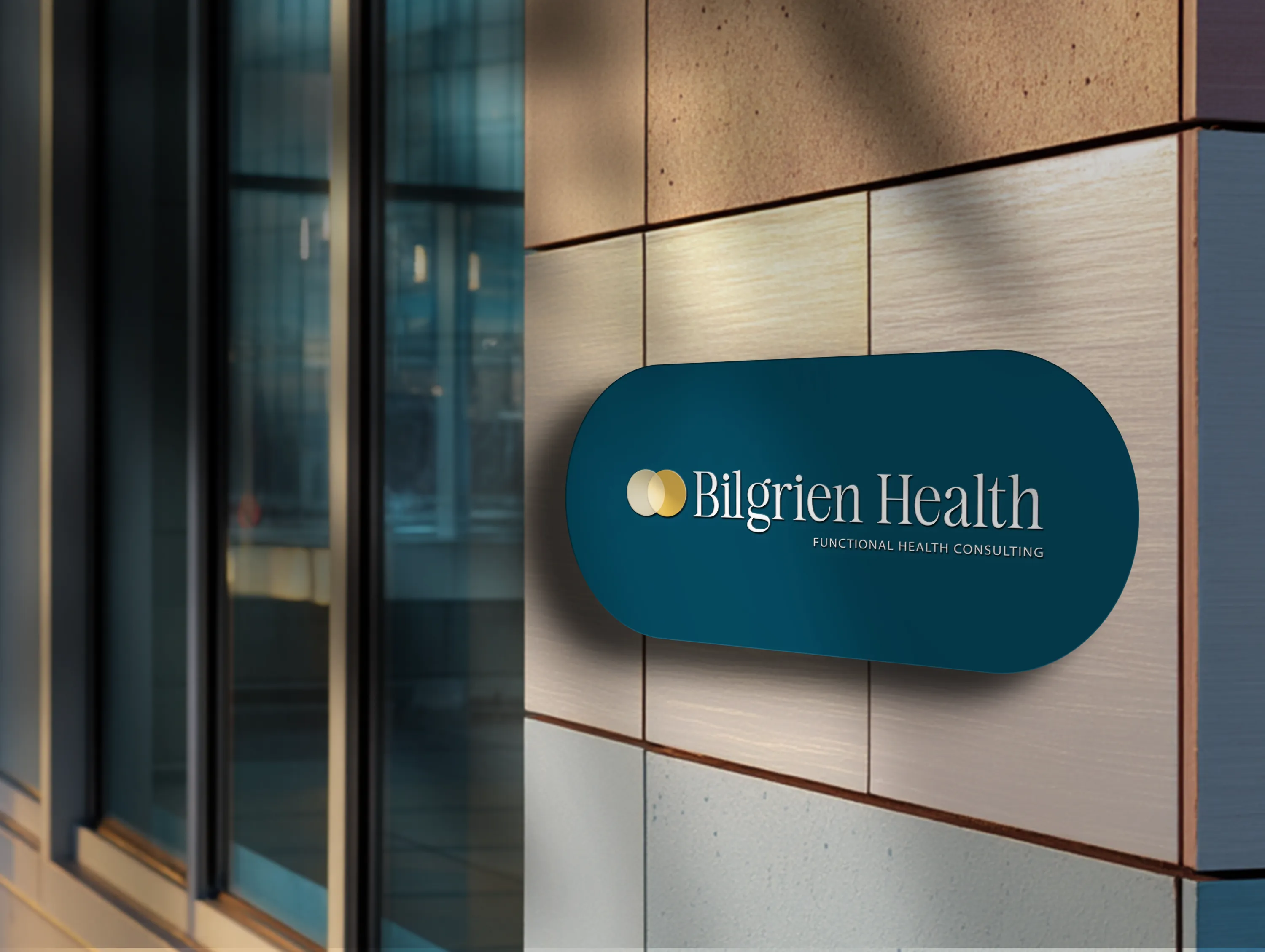 Bilgrien Health Office Signage Design Bilgrien Health logo displayed on an interior office sign for a holistic health consultant, branding by Dream Wild Studio