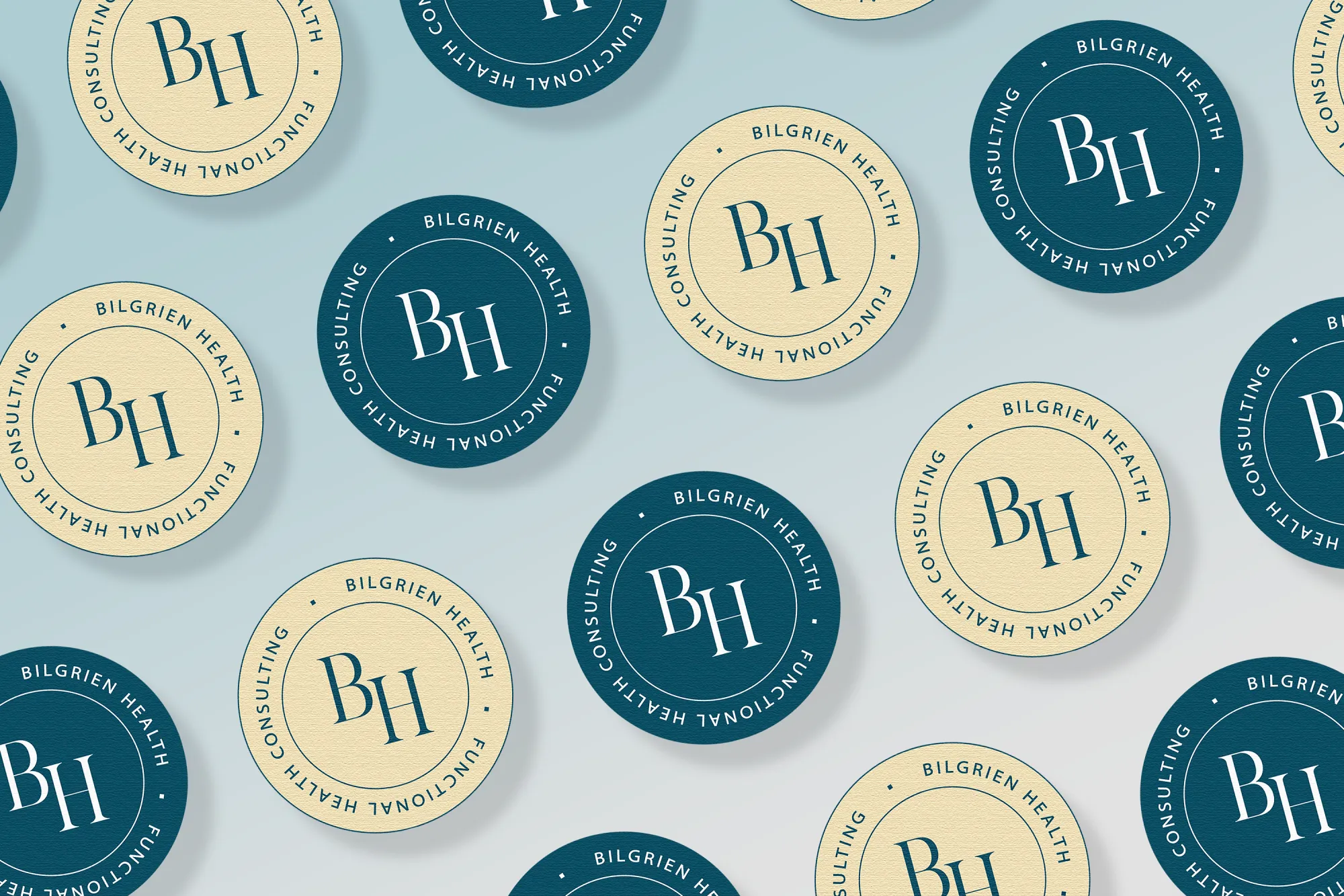 Bilgrien Health Submark Logo Design Repeating BH monogram submark pattern in teal and gold for holistic health consultant Bilgrien Health, branding by Dream Wild Studio