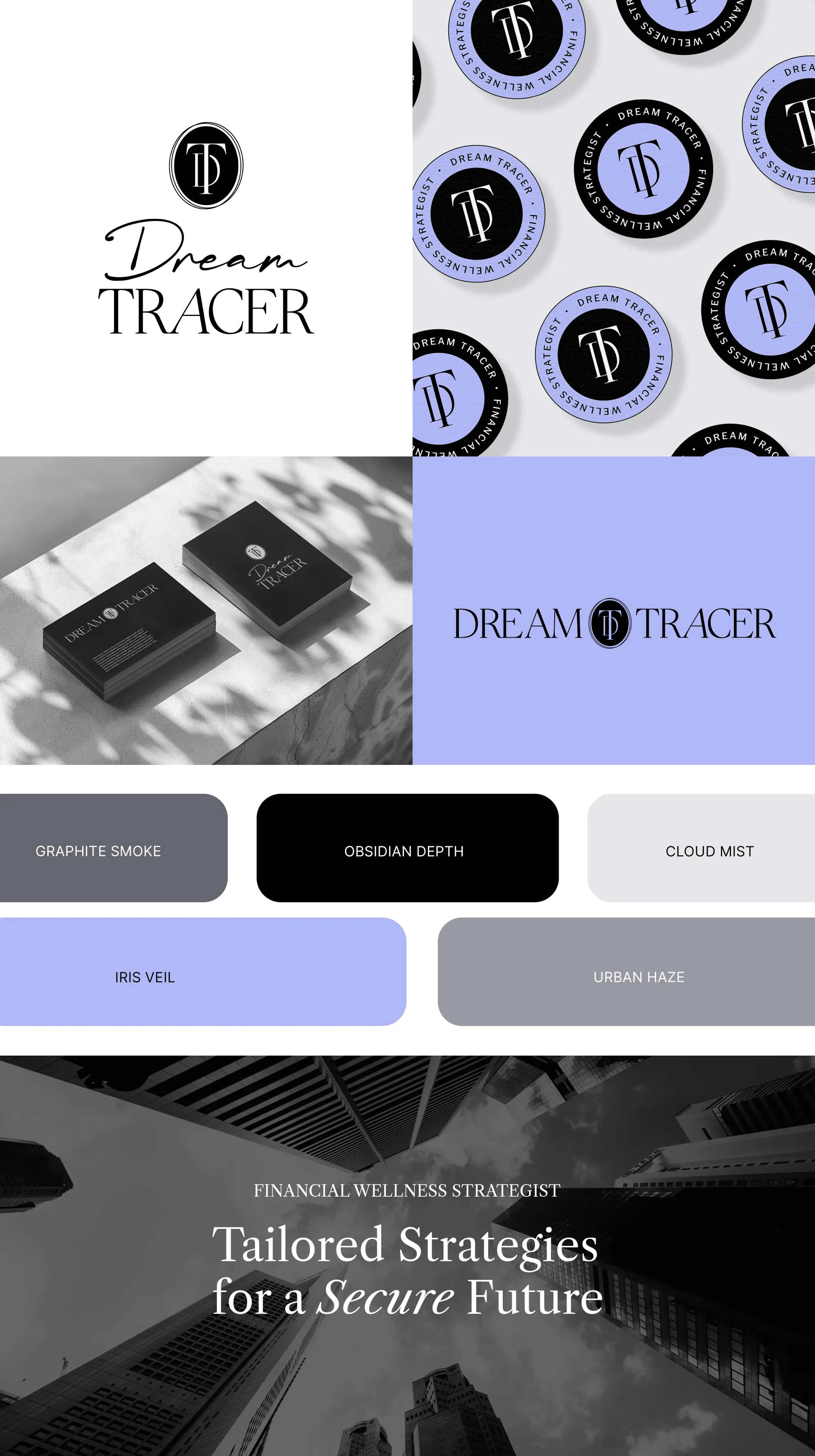 Variations of logo for a financial strategist displayed on a textured background. Designed by Dream Wild Studio.