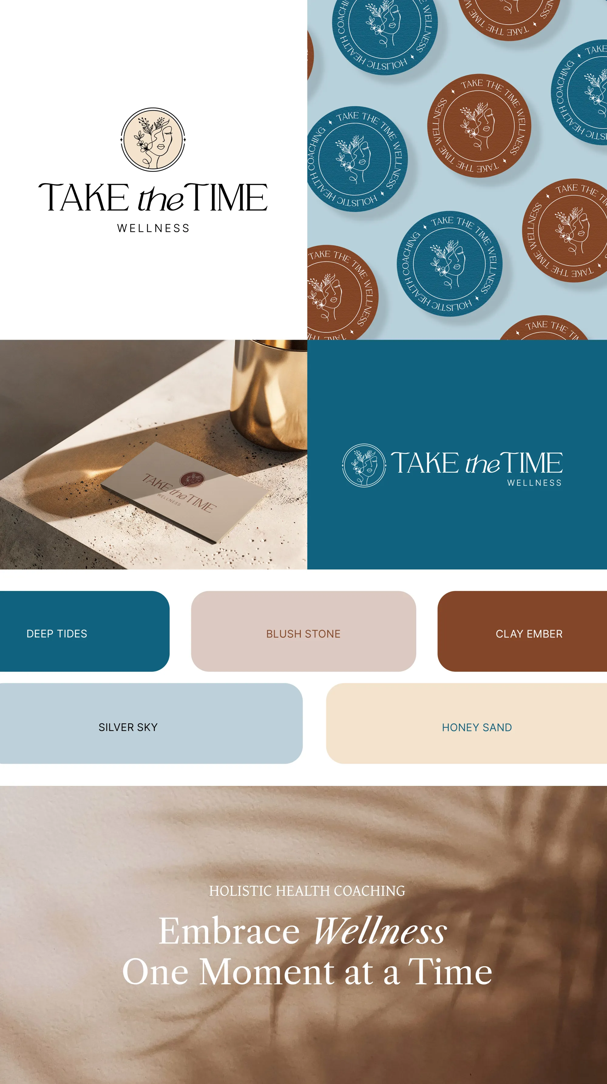 Variations of logo for holistic health coaching business displayed on a soft, light-textured background with subtle natural shadows, representing calmness, mindfulness, and holistic well-being. Branding by Dream Wild Studio.