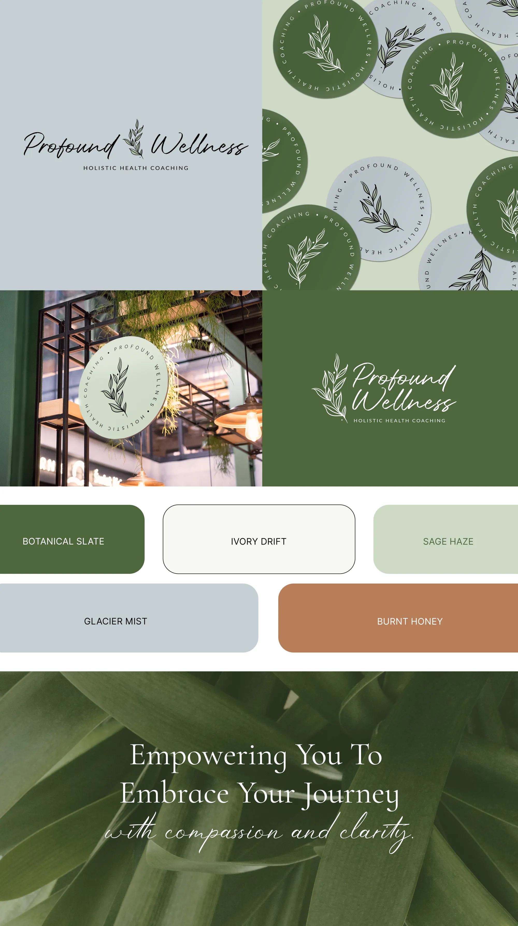 Profound Wellness Brand Board Profound Wellness brand colour palette with green and soft blue tones, by Dream Wild Studio.