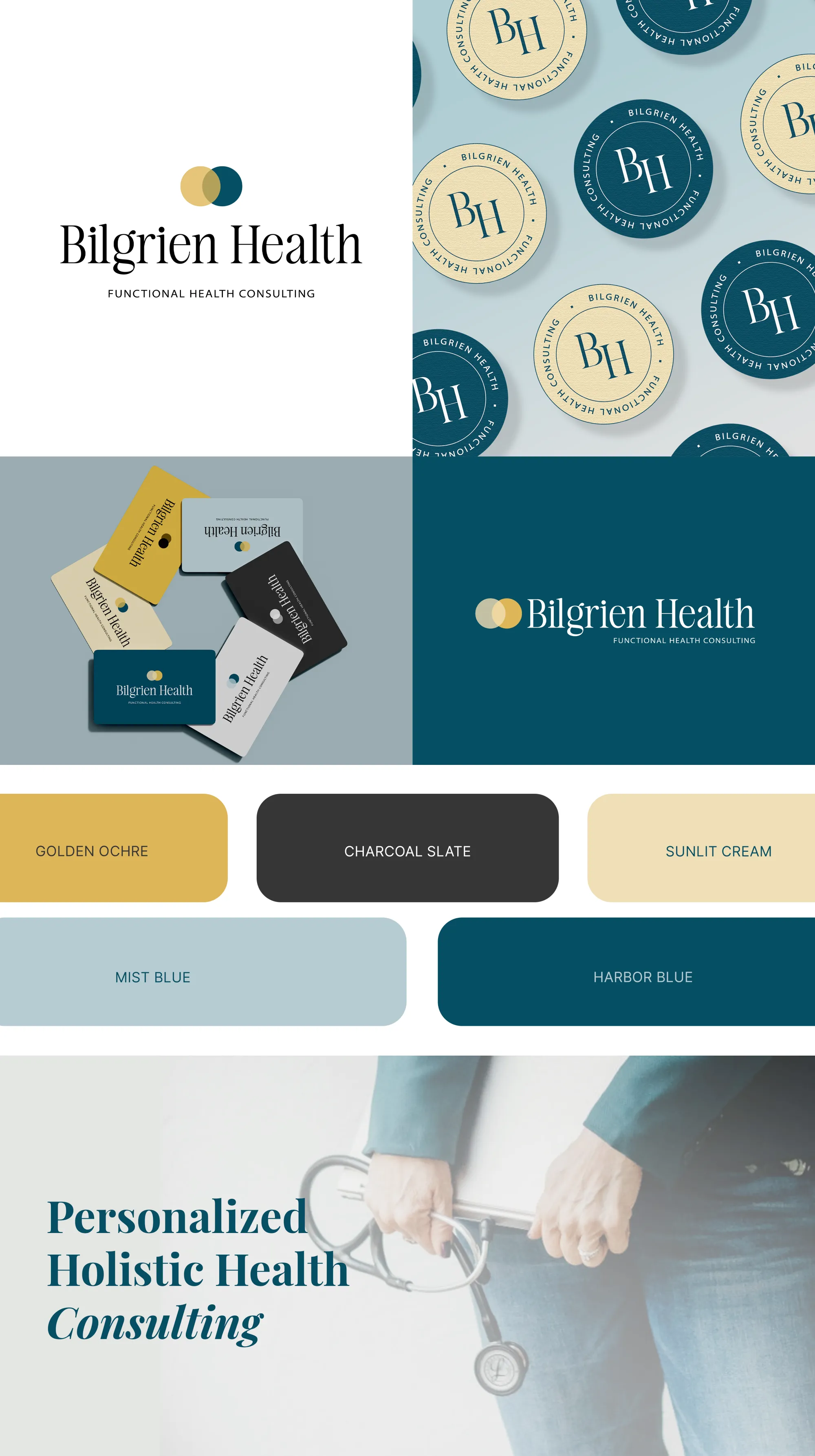 Brand Board for Bilgrien Health, a Holistic Health Consultant Brand board for a holistic health consultant Bilgrien Health featuring logo, color palette, and visual identity elements, by Dream Wild Studio.