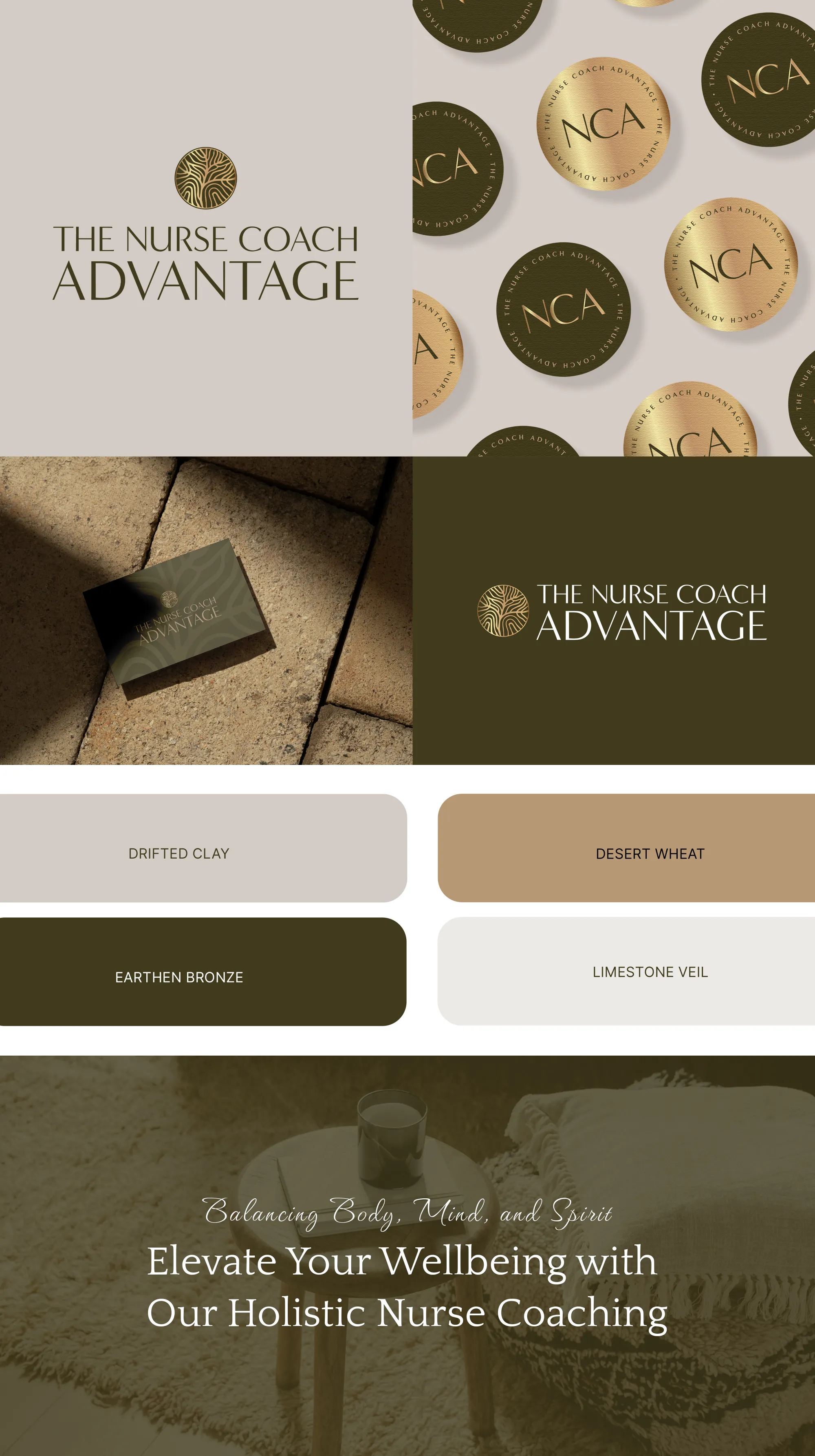 Variations of logos for holistic health coaching business and nurse coach are displayed on a soft, light-textured background with subtle natural shadows, representing calmness, mindfulness, and holistic well-being. Branding by Dream Wild Studio.