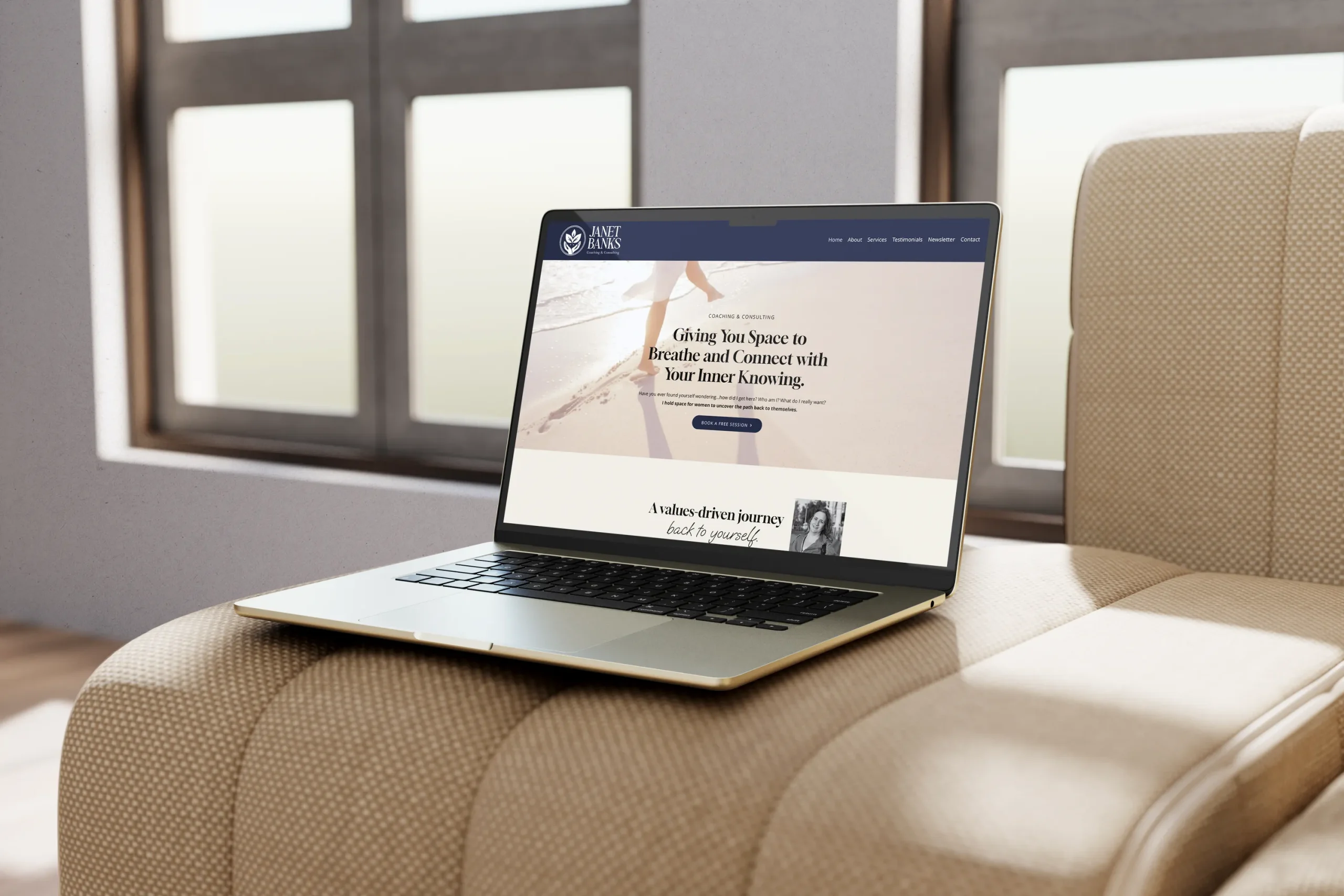 Website for a nurse coach displayed on laptop in calm home setting, by Dream Wild Studio.