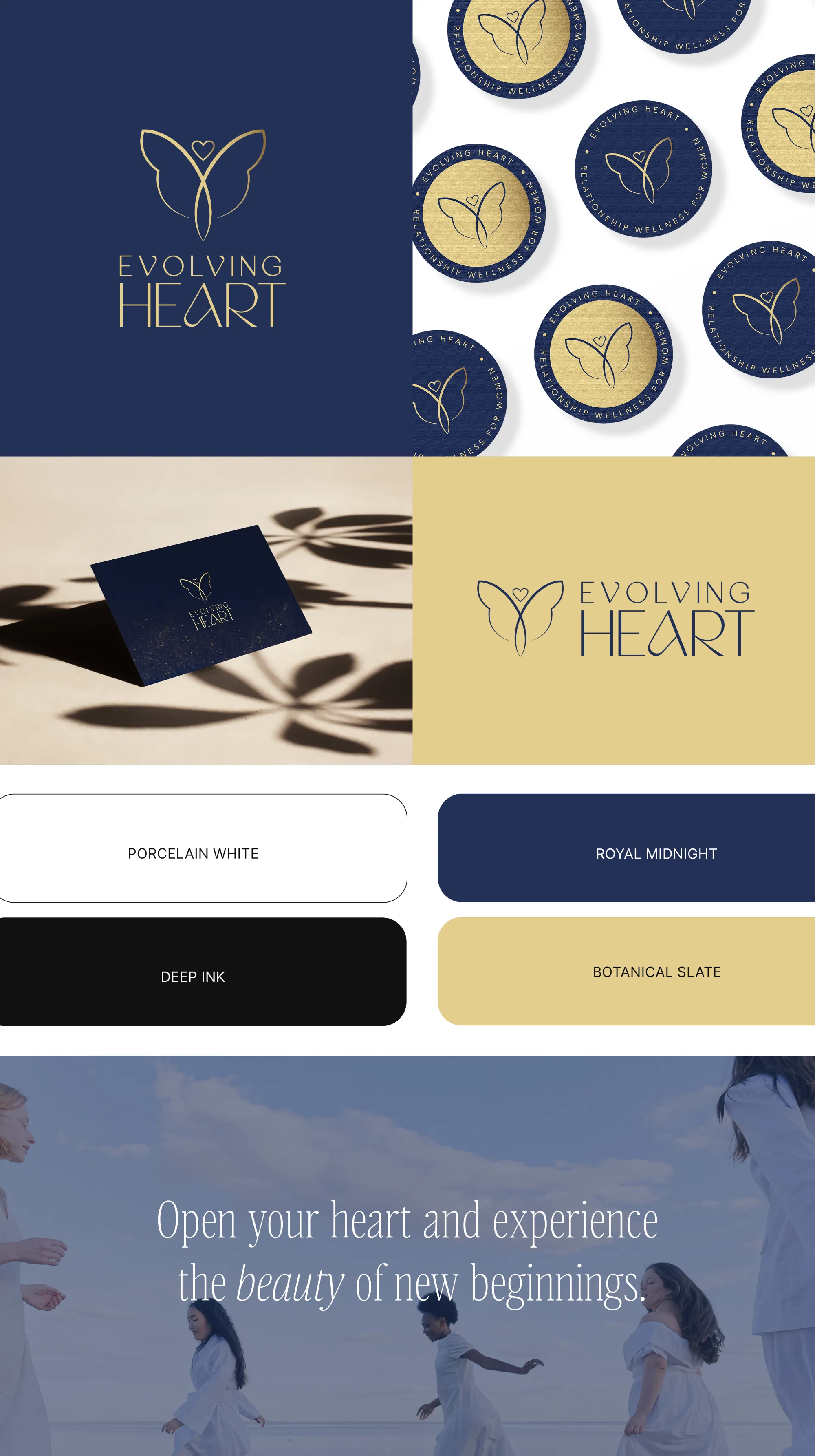Evolving Heart Brand Board Variations of logo for holistic wellness coaching business displayed on a navy background with subtle natural shadows, representing calmness, mindfulness, and holistic well-being. Branding by Dream Wild Studio.