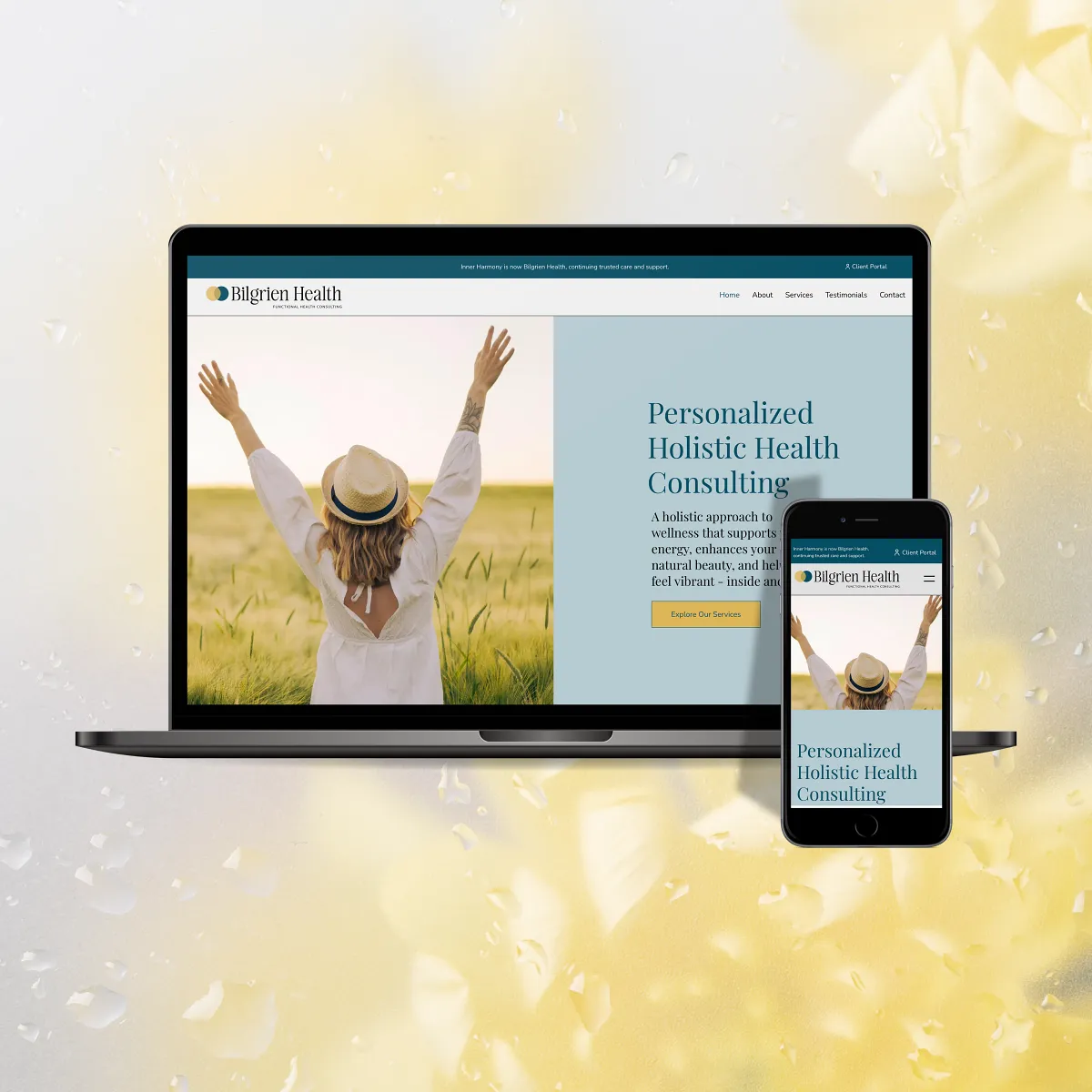 Bilgrien Health holistic consulting website shown across laptop and mobile mockups on a soft yellow floral background, web design by Dream Wild Studio.