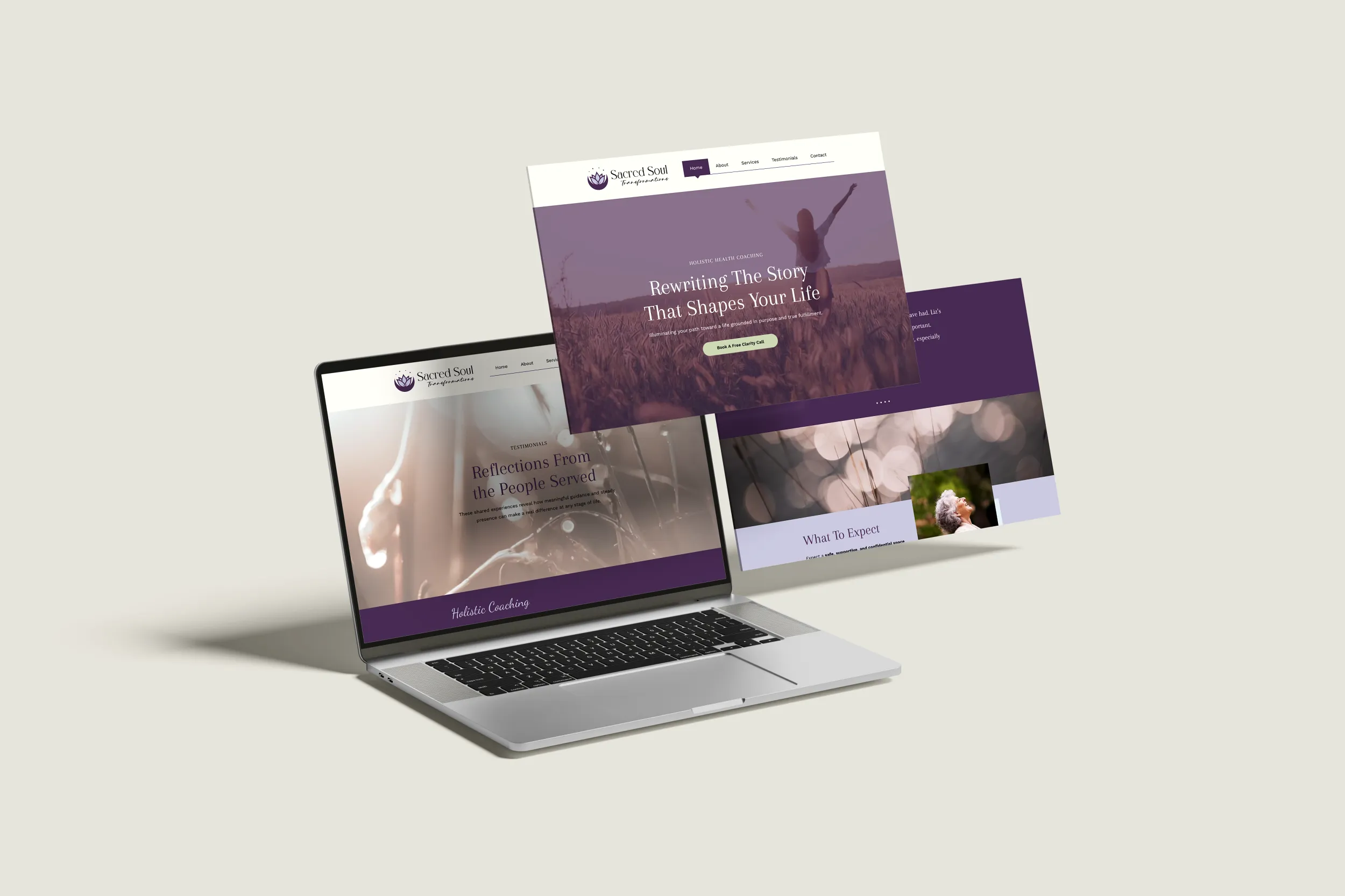 Sacred Soul Transformations Website Design Sacred Soul Transformations website displayed on laptop and desktop screens, by Dream Wild Studio.