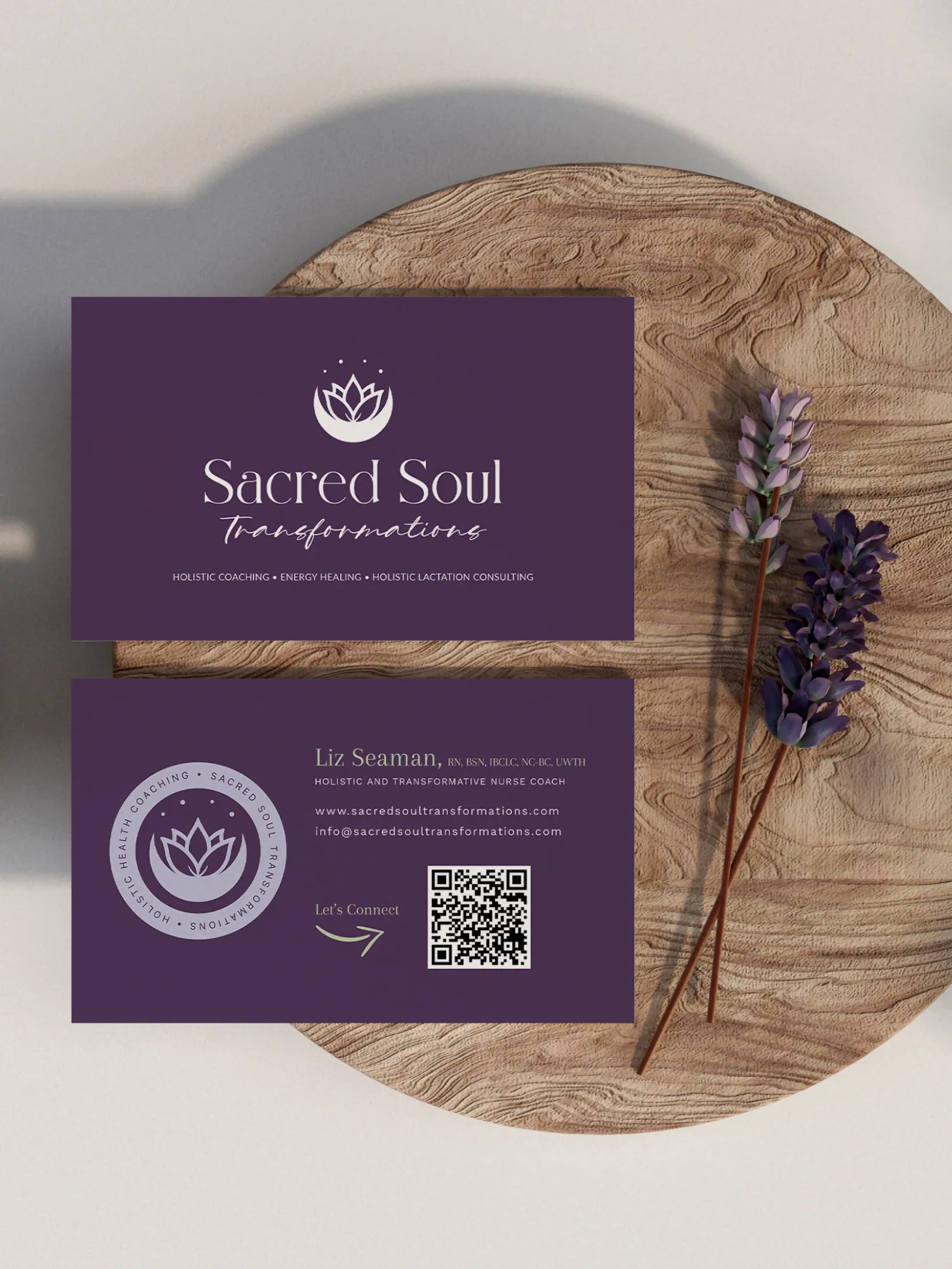 Business card design for Sacred Soul Transformations Sacred Soul Transformations business cards with purple branding and QR code, by Dream Wild Studio.