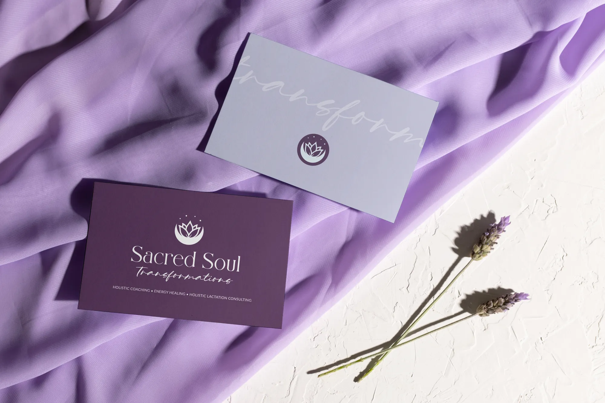Sacred Soul Transformations Business Cards Sacred Soul Transformations business cards on soft purple fabric background, by Dream Wild Studio.