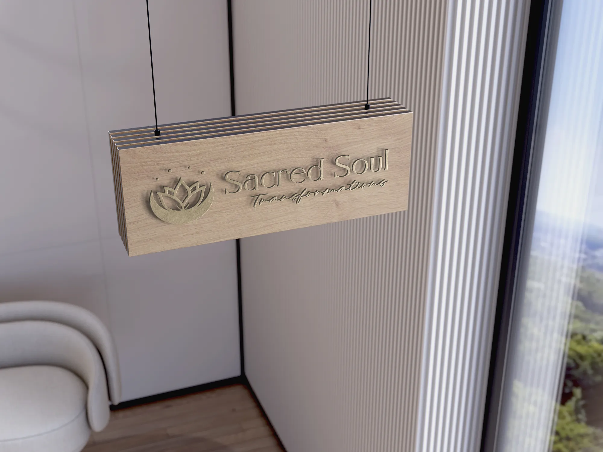 Sacred Soul Transformations Wooden Sign Logo Sacred Soul Transformations logo on hanging wooden shop sign, by Dream Wild Studio.