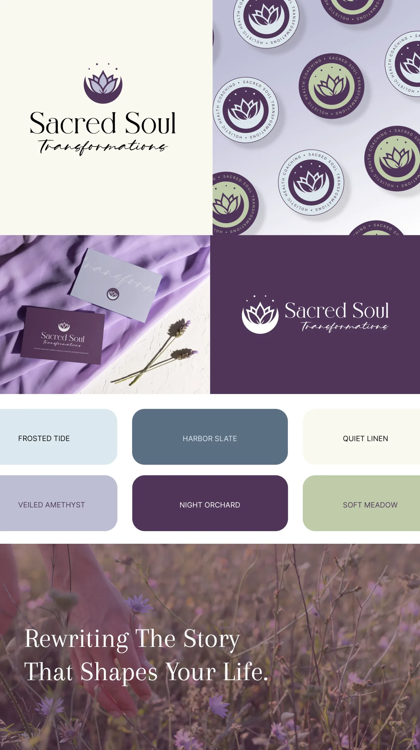 Sacred Soul Transformations Colour Palette Sacred Soul Transformations brand colour palette with purple and soft neutral tones, by Dream Wild Studio.