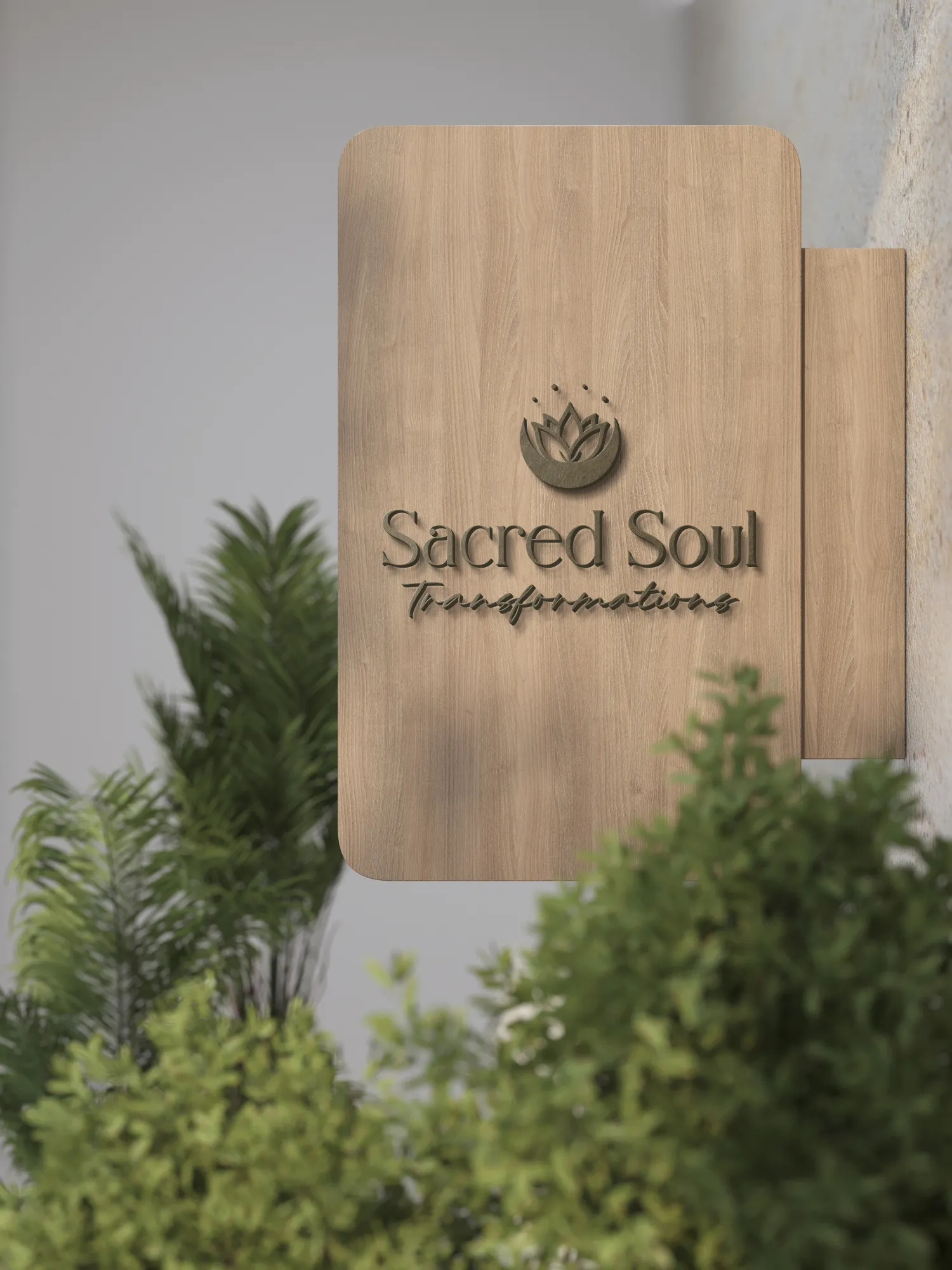 Sacred Soul Transformations Wooden Sign Logo Sacred Soul Transformations logo engraved on wooden sign with greenery, by Dream Wild Studio.