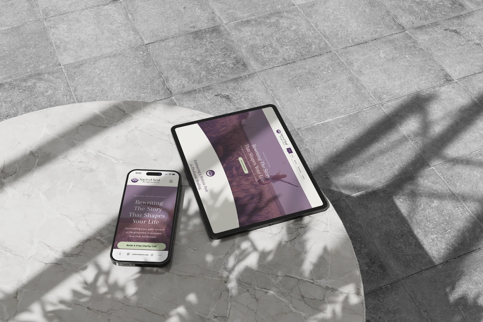 Sacred Soul Transformations Website Design Sacred Soul Transformations website displayed on phone and tablet, by Dream Wild Studio.