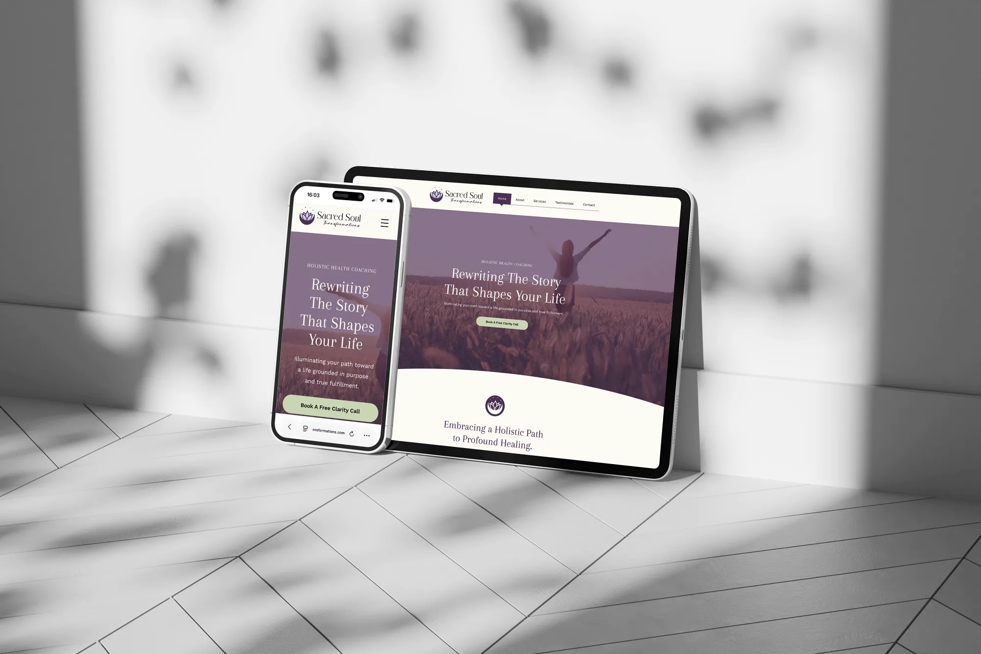 Sacred Soul Transformations Responsive Website Sacred Soul Transformations website displayed on phone and tablet screens, by Dream Wild Studio.
