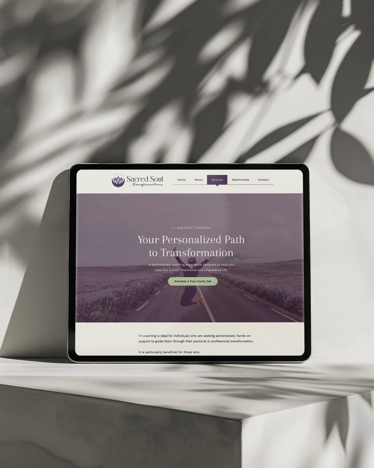 Sacred Soul Transformations Responsive Website Design Sacred Soul Transformations website homepage displayed on tablet, by Dream Wild Studio