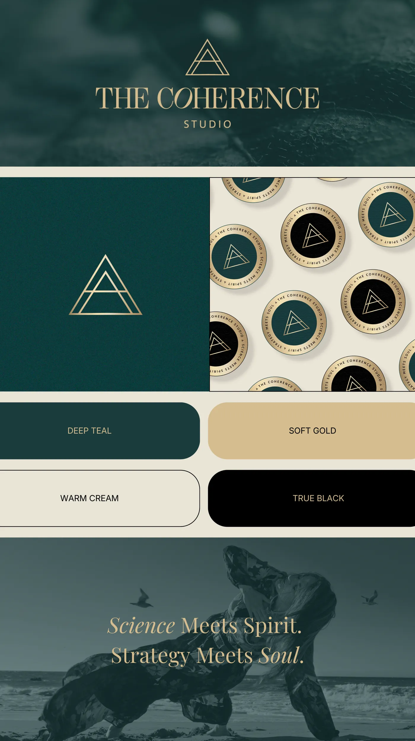 Brand board for nurse coach brand The Coherence Studio featuring logo, color palette, and visual identity elements, by Dream Wild Studio.